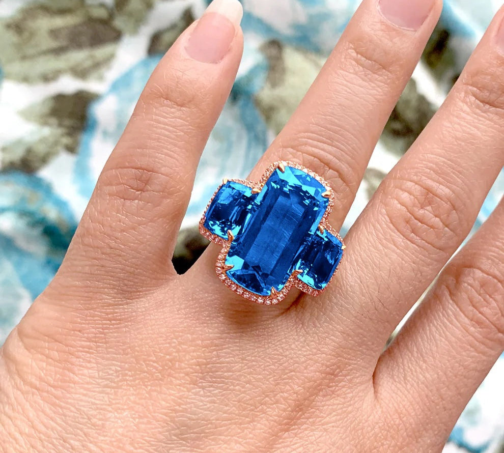 Three-Stone Ring with Pave Diamonds Cocktail Ring Goshwara