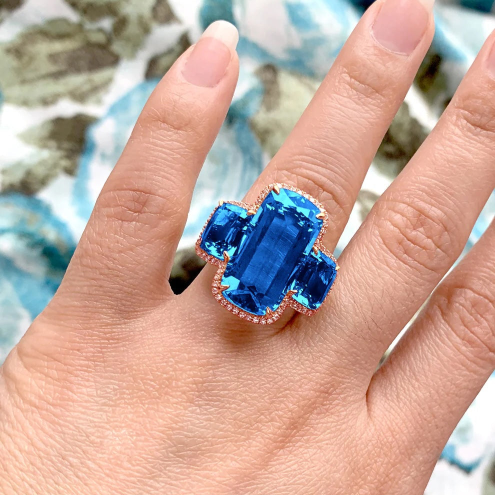 Three-Stone Ring with Pave Diamonds Cocktail Ring Goshwara