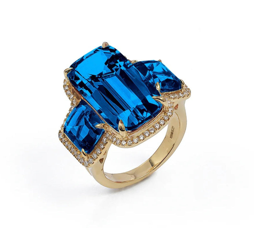 Three-Stone Ring with Pave Diamonds Cocktail Ring Goshwara