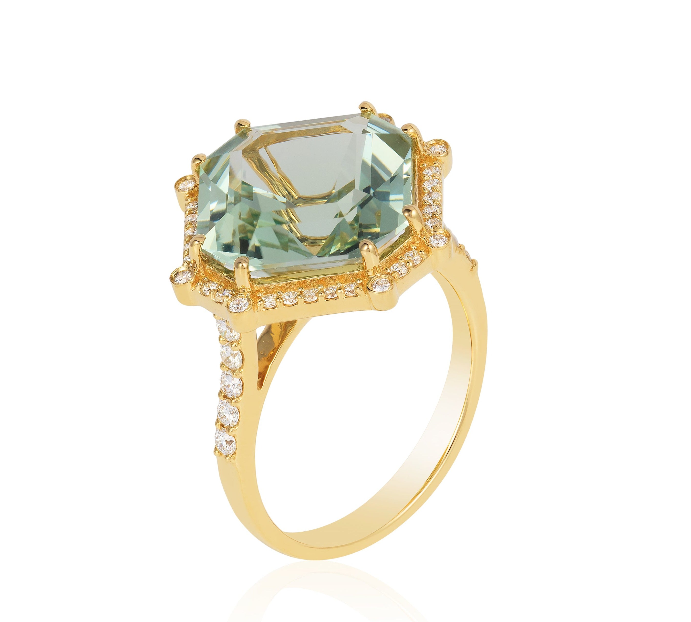 Octagon Emerald-Cut Ring with Diamonds Cocktail Ring Goshwara Prasiolite
