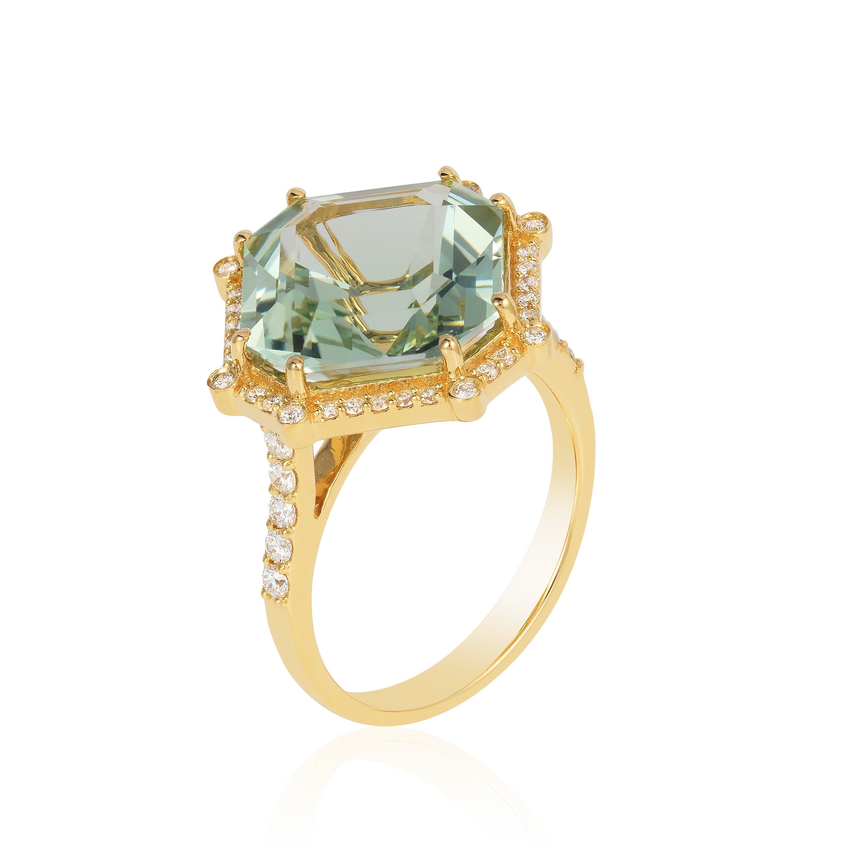 Octagon Emerald-Cut Ring with Diamonds Cocktail Ring Goshwara Prasiolite