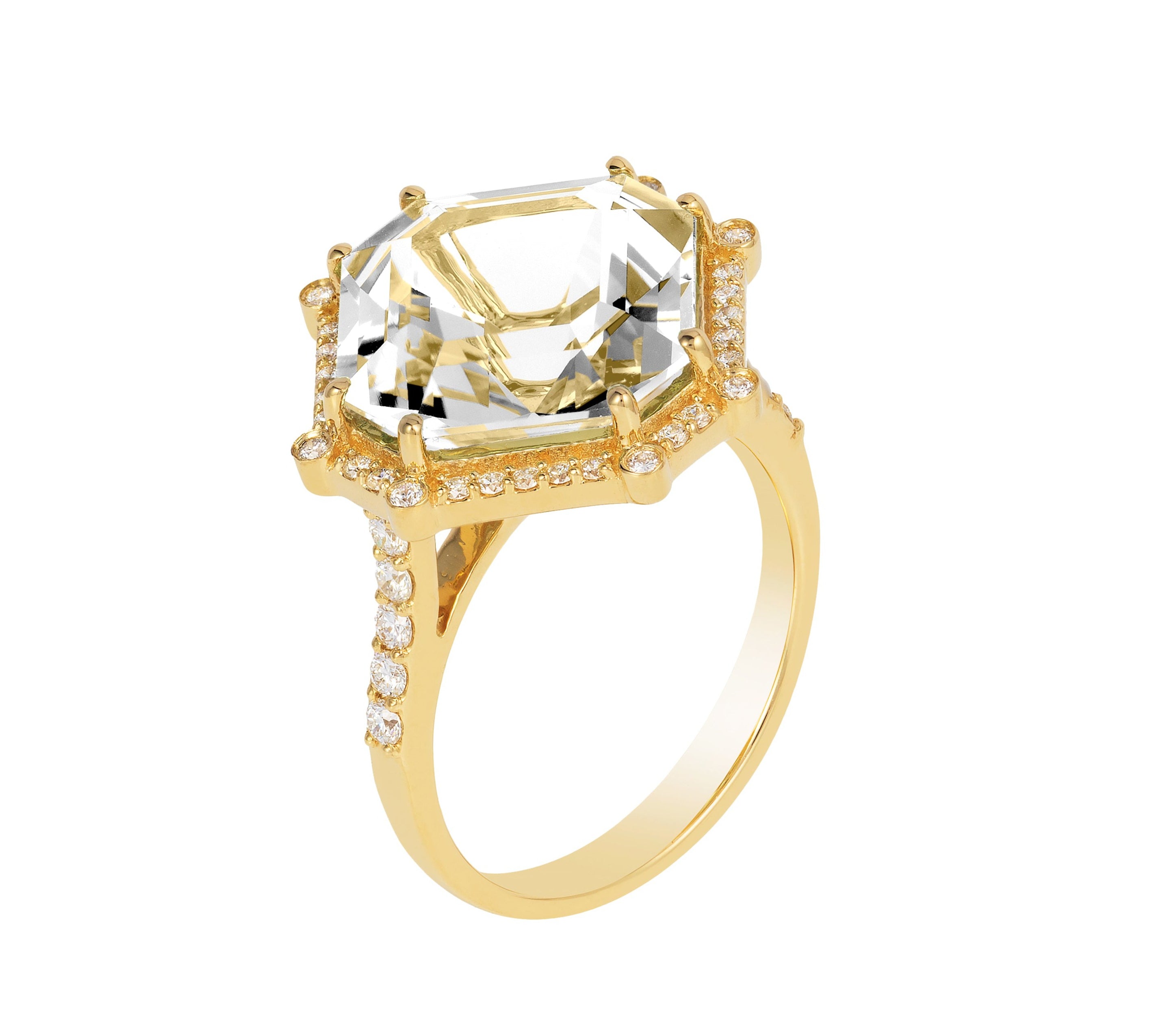 Octagon Emerald-Cut Ring with Diamonds Cocktail Ring Goshwara Rock Crystal YGold