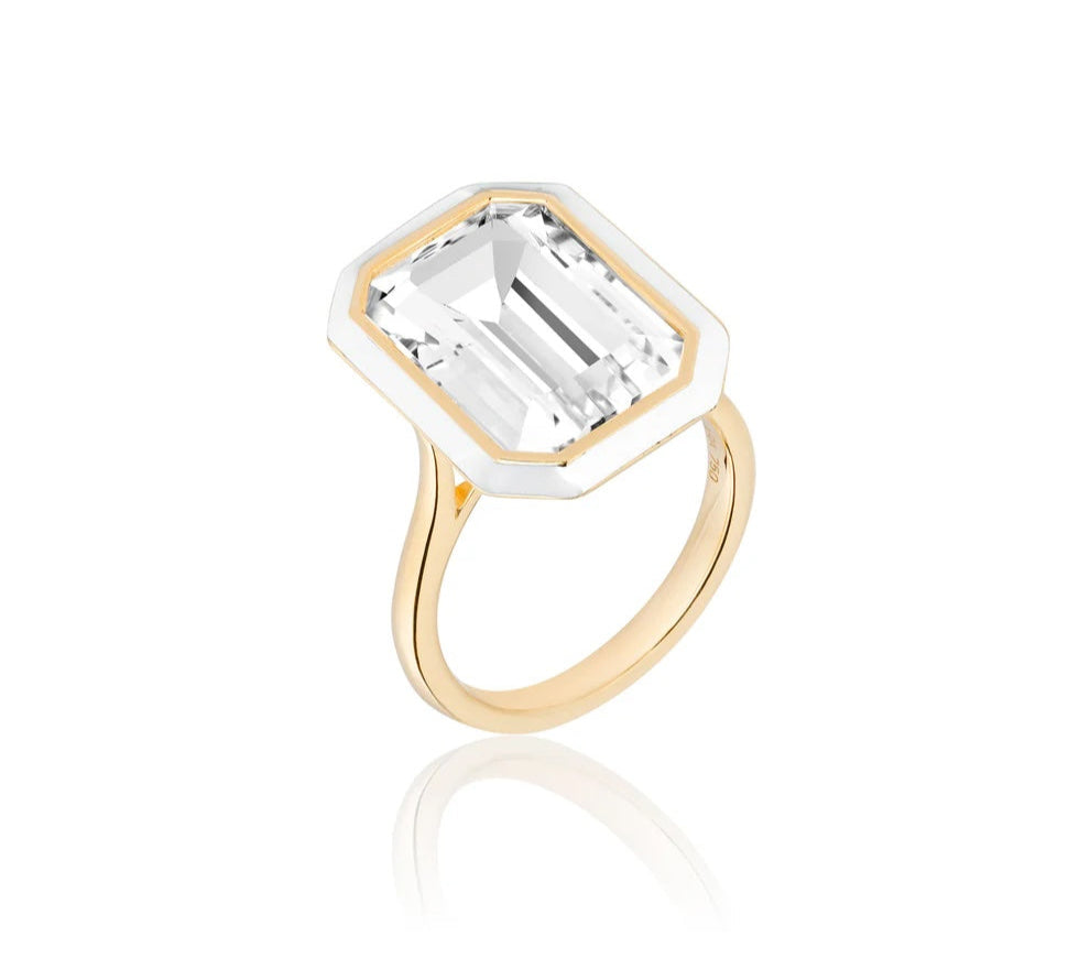 Emerald-Cut Enamel Ring Cocktail Ring Goshwara Rock Crystal White Enamel