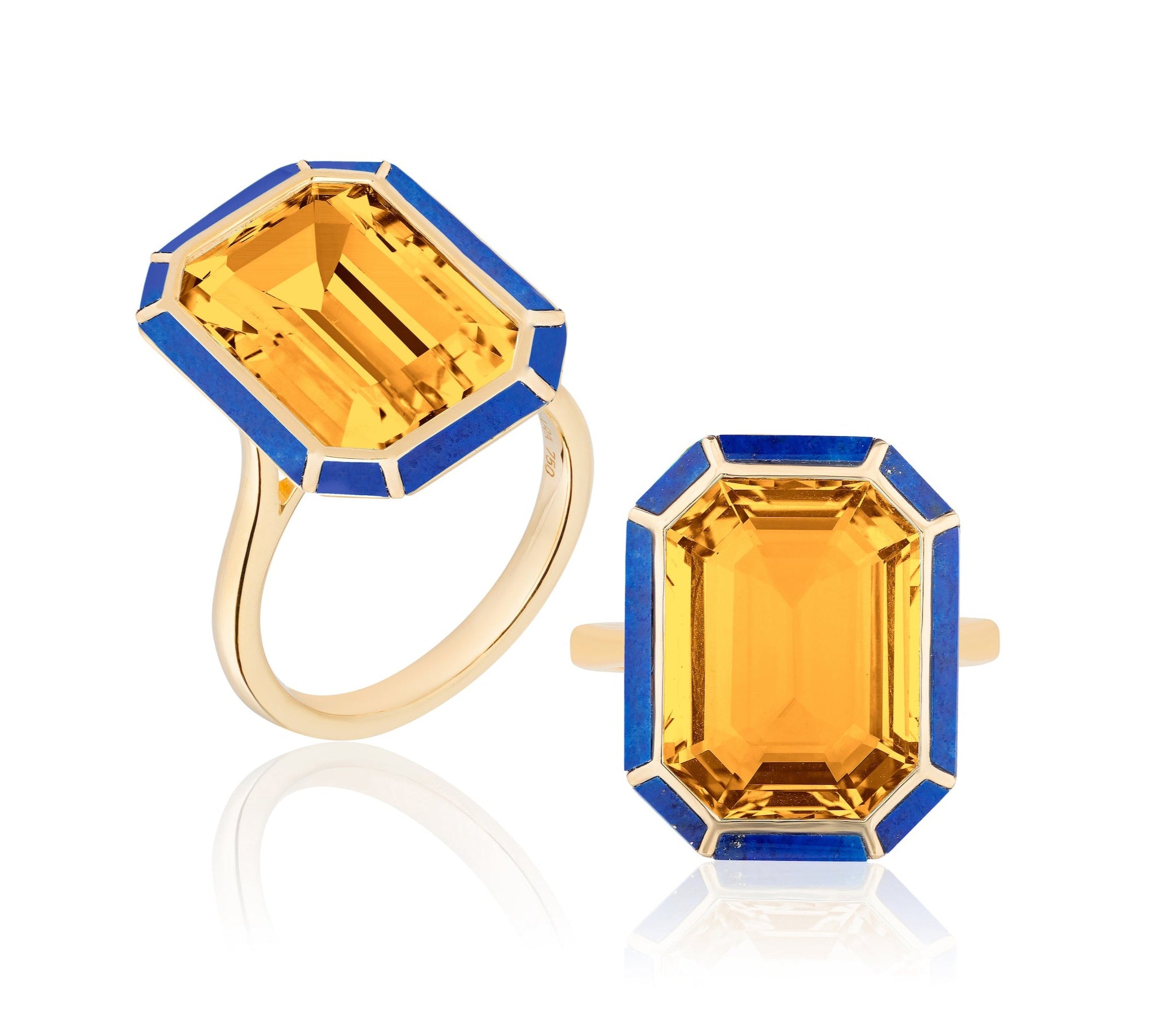 Stone Inlay Emerald-Cut Ring Cocktail Ring Goshwara Citrine / Lapis Lazuli