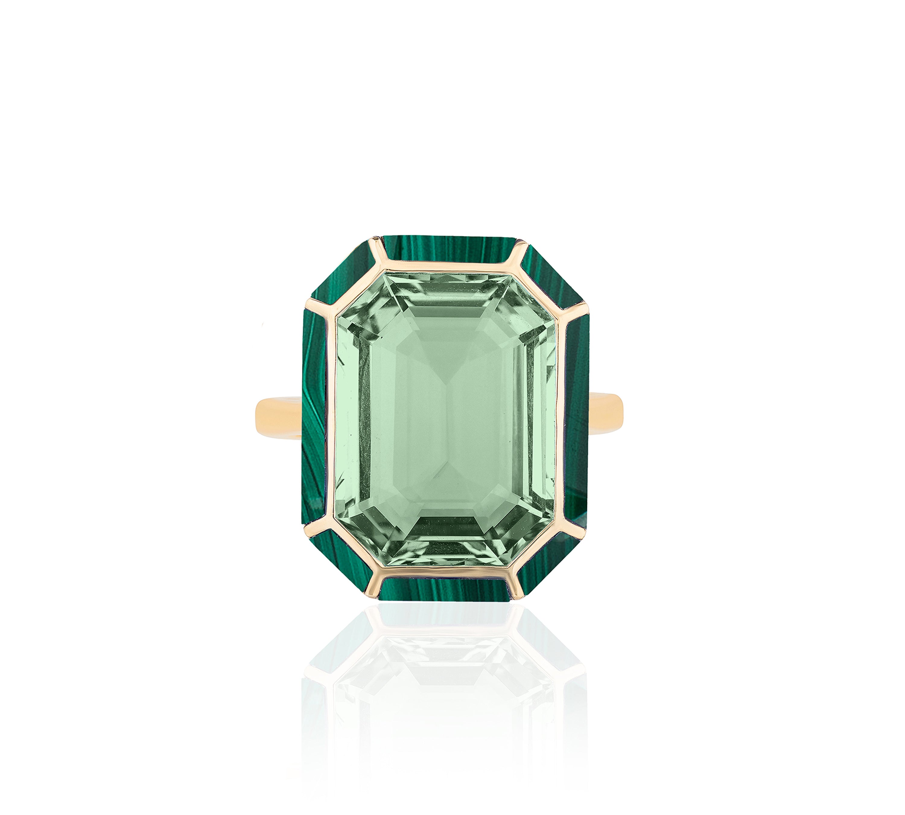 Stone Inlay Emerald-Cut Ring Cocktail Ring Goshwara Prasiolite / Malachite