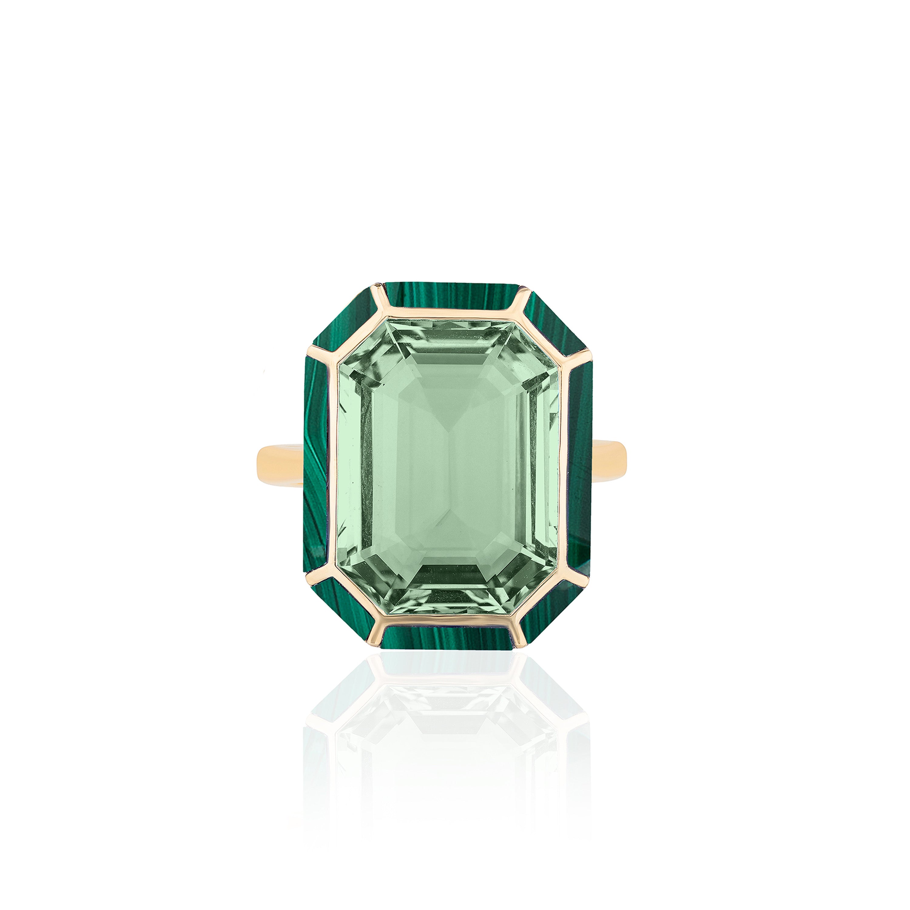 Stone Inlay Emerald-Cut Ring Cocktail Ring Goshwara Prasiolite / Malachite