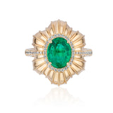 Emerald Oval Linear Ring with Diamond Statement Ring Goshwara