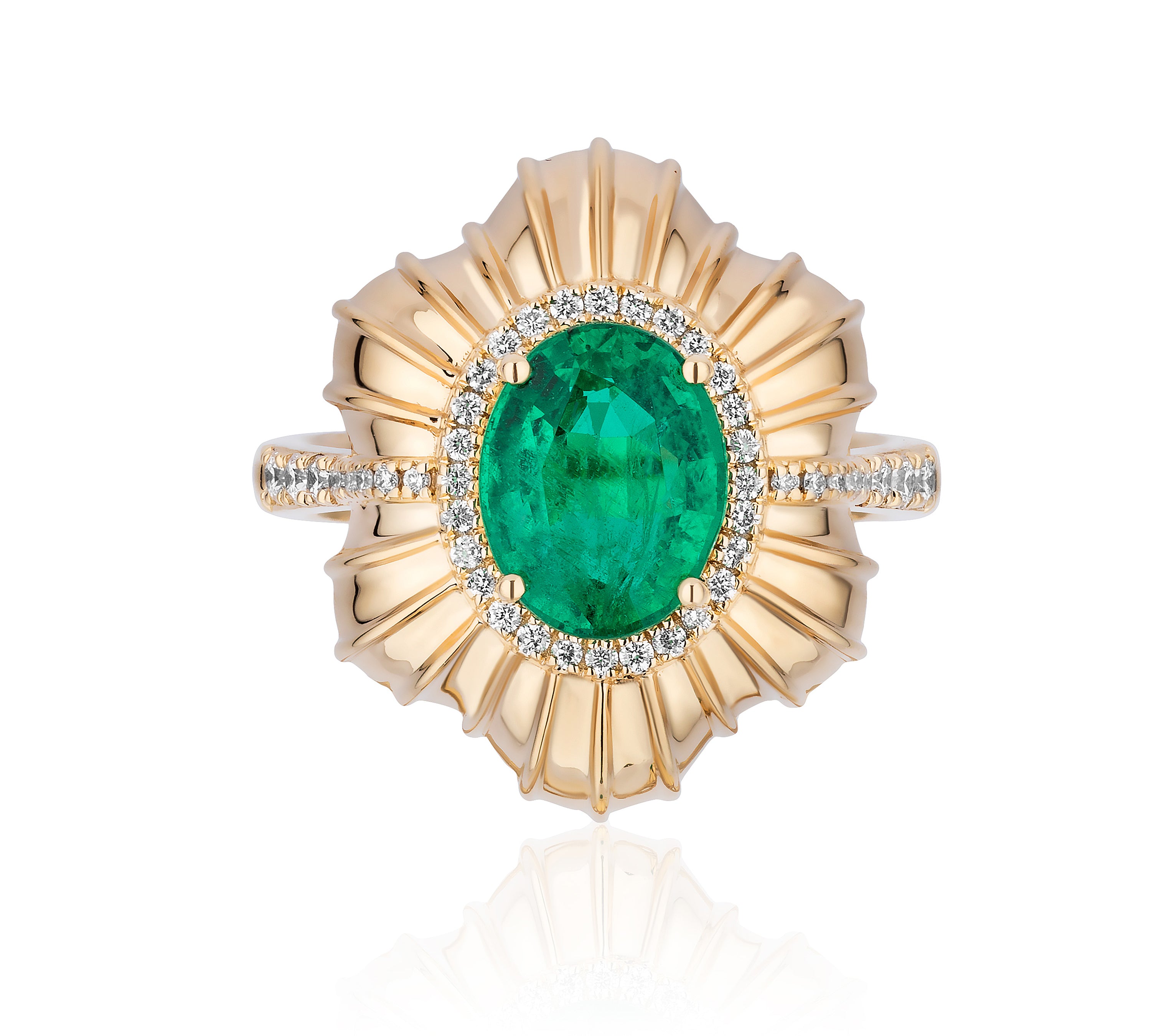 Emerald Oval Linear Ring with Diamond Statement Ring Goshwara