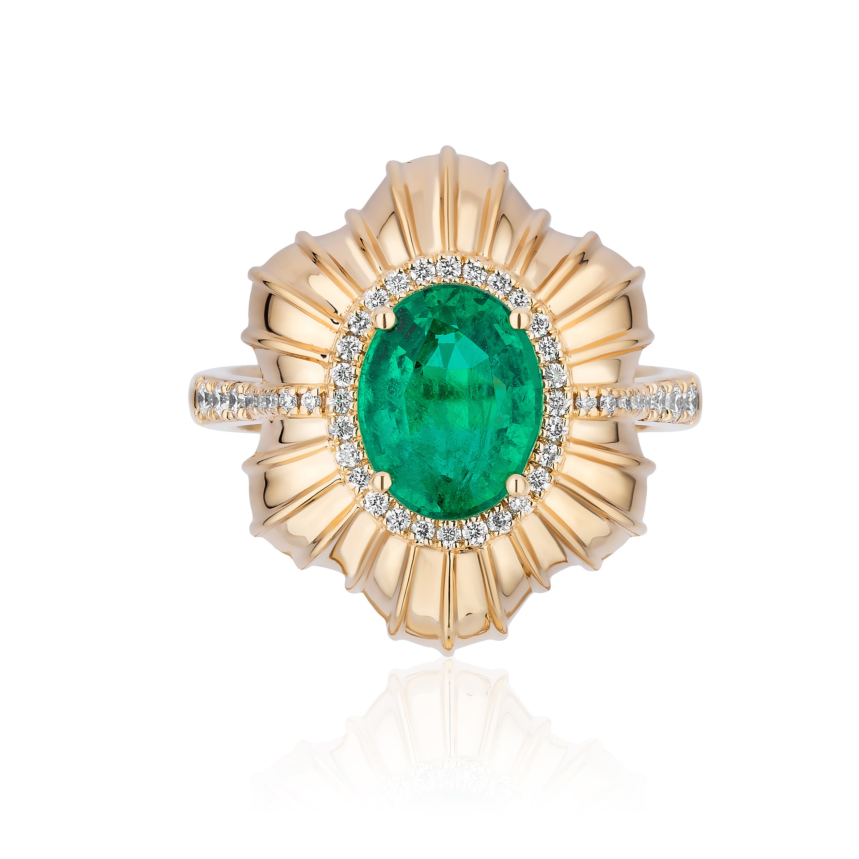 Emerald Oval Linear Ring with Diamond Statement Ring Goshwara