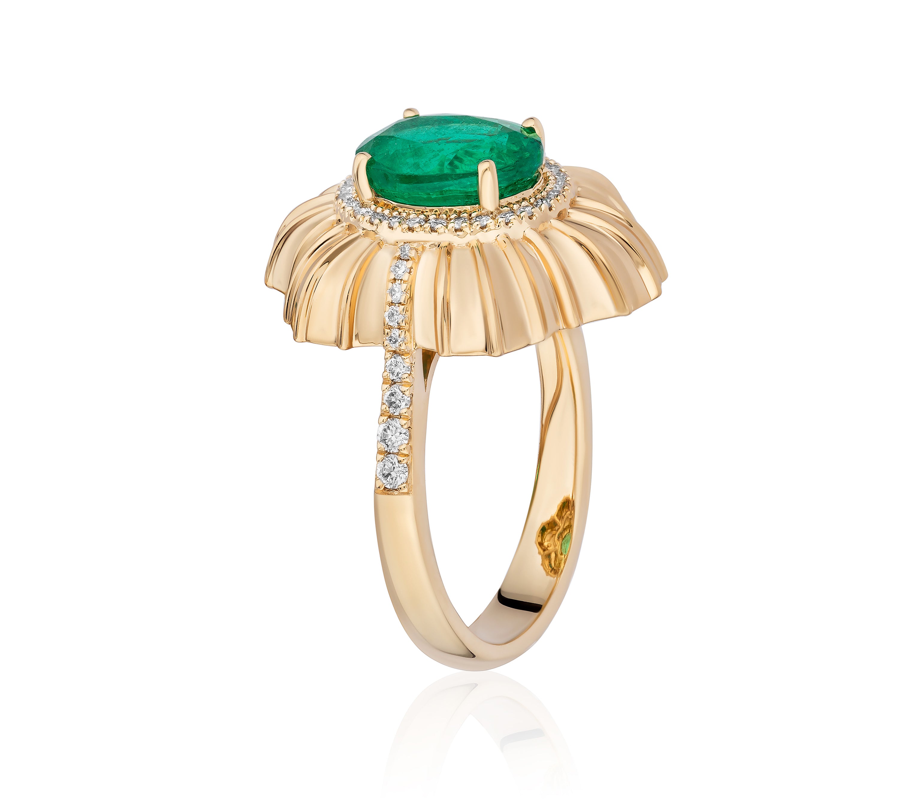 Emerald Oval Linear Ring with Diamond Statement Ring Goshwara