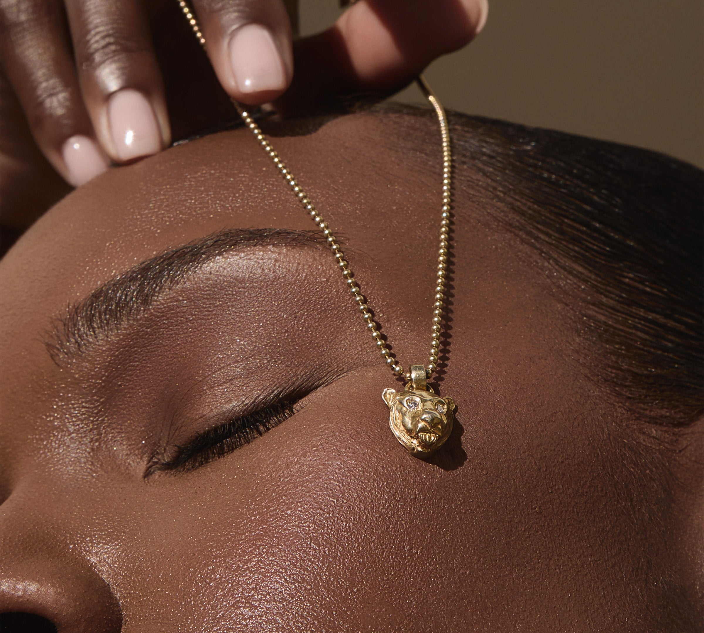 Lioness Charm Necklace with Diamond Eyes, Gold Charm Necklace MAE + LANG
