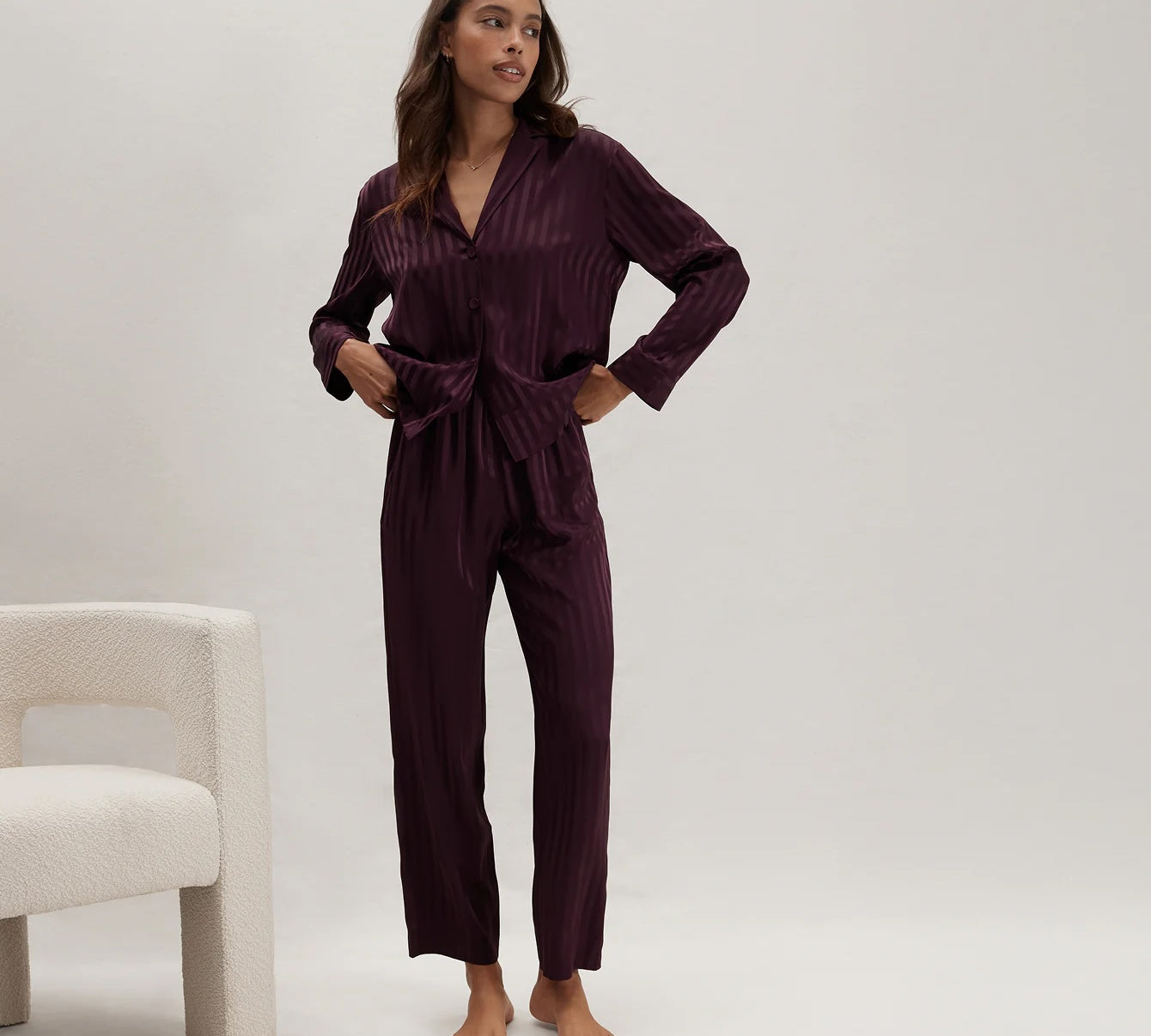 Washable Silk Striped Jacquard Long Sleeve Pant Set