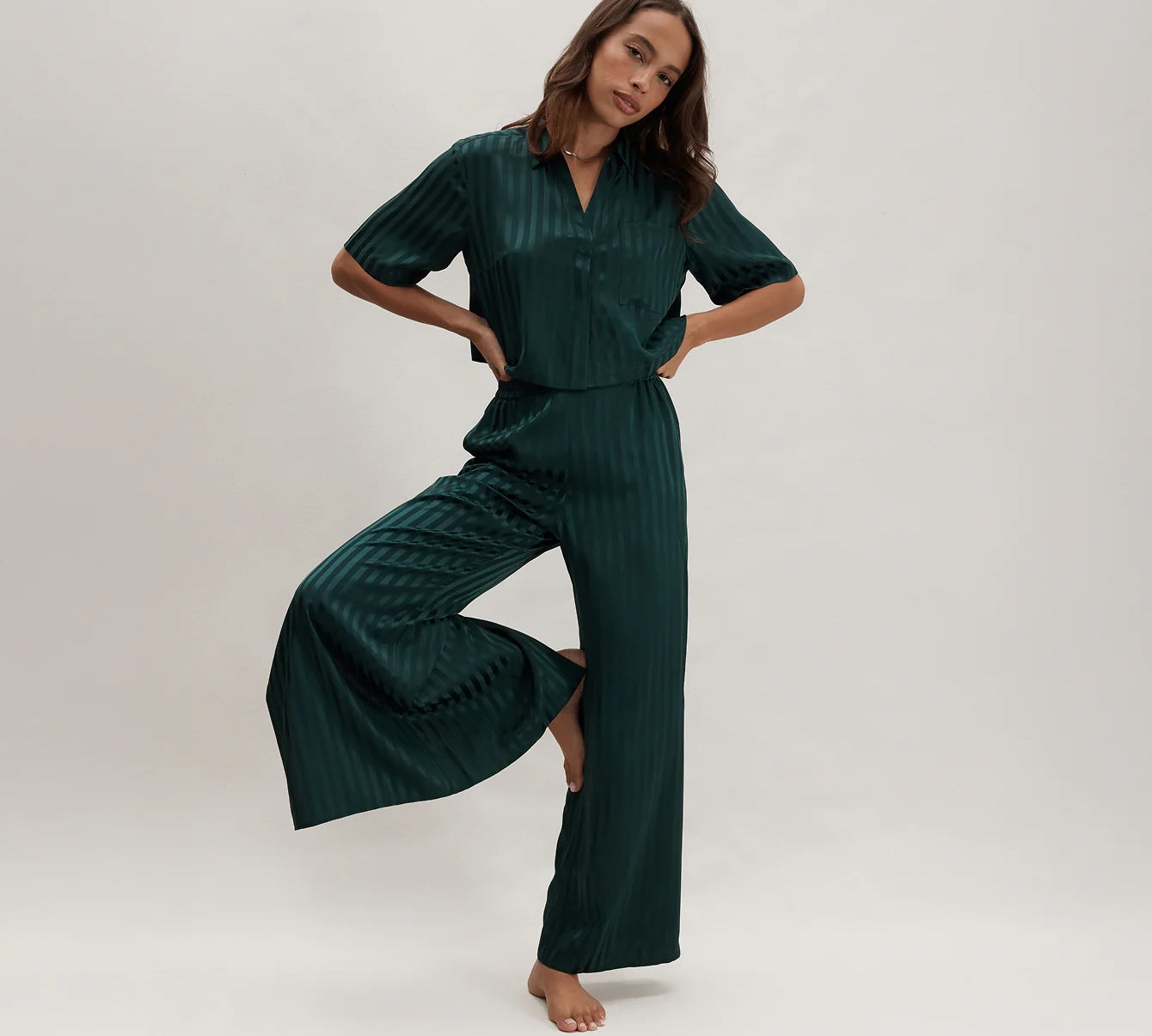 Washable Silk Striped Jacquard High Rise Pant Set