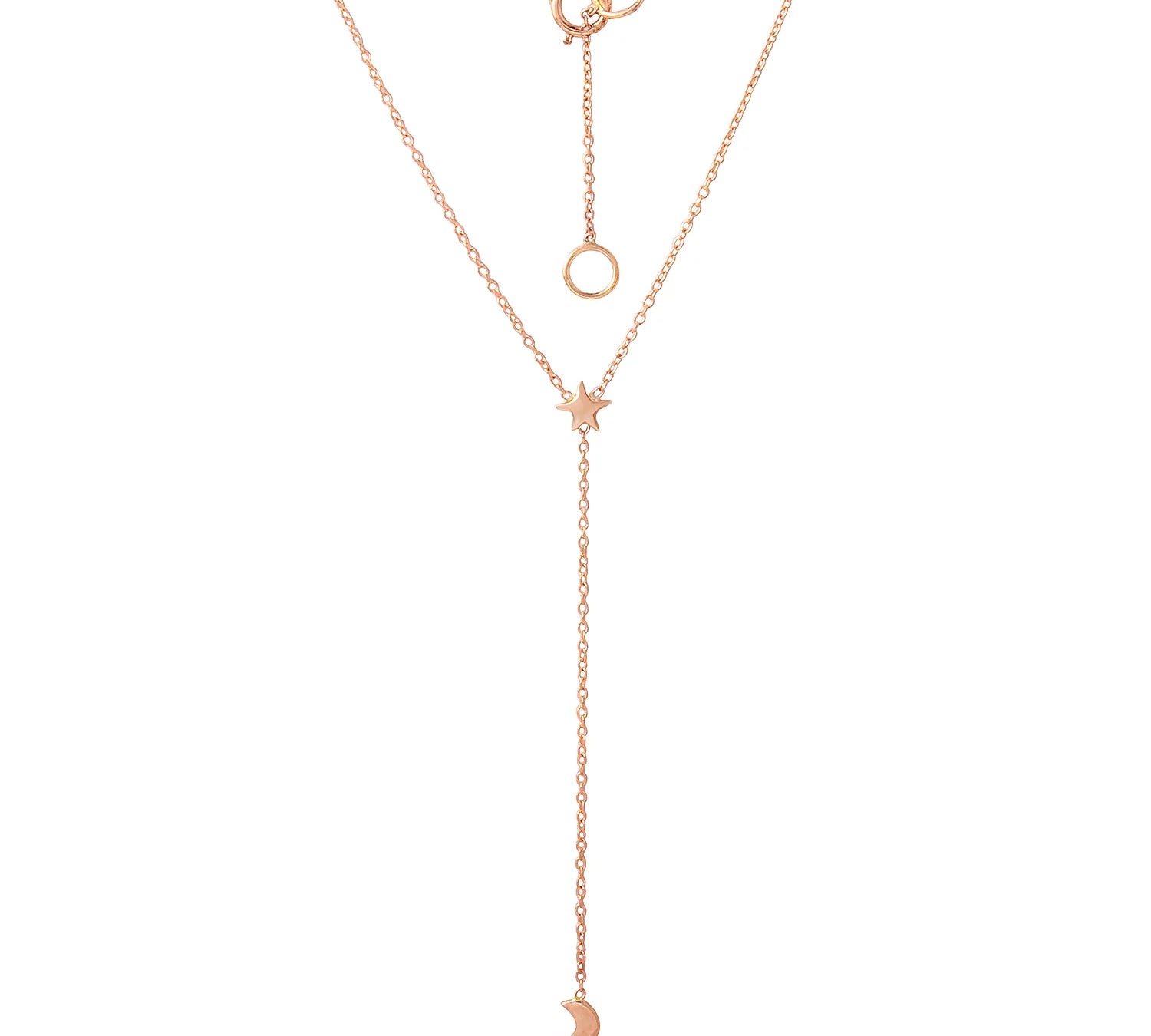 Moon & Star Rosary Necklace Lariat Necklace Jaine K Designs Rose Gold