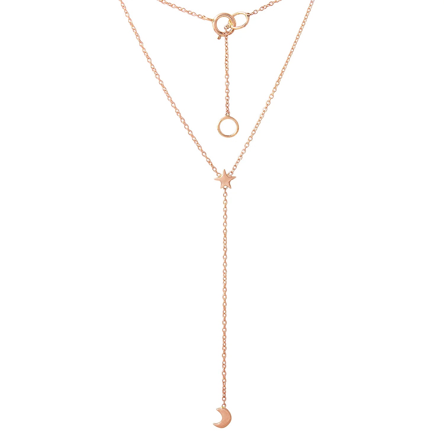 Moon & Star Rosary Necklace Lariat Necklace Jaine K Designs Rose Gold