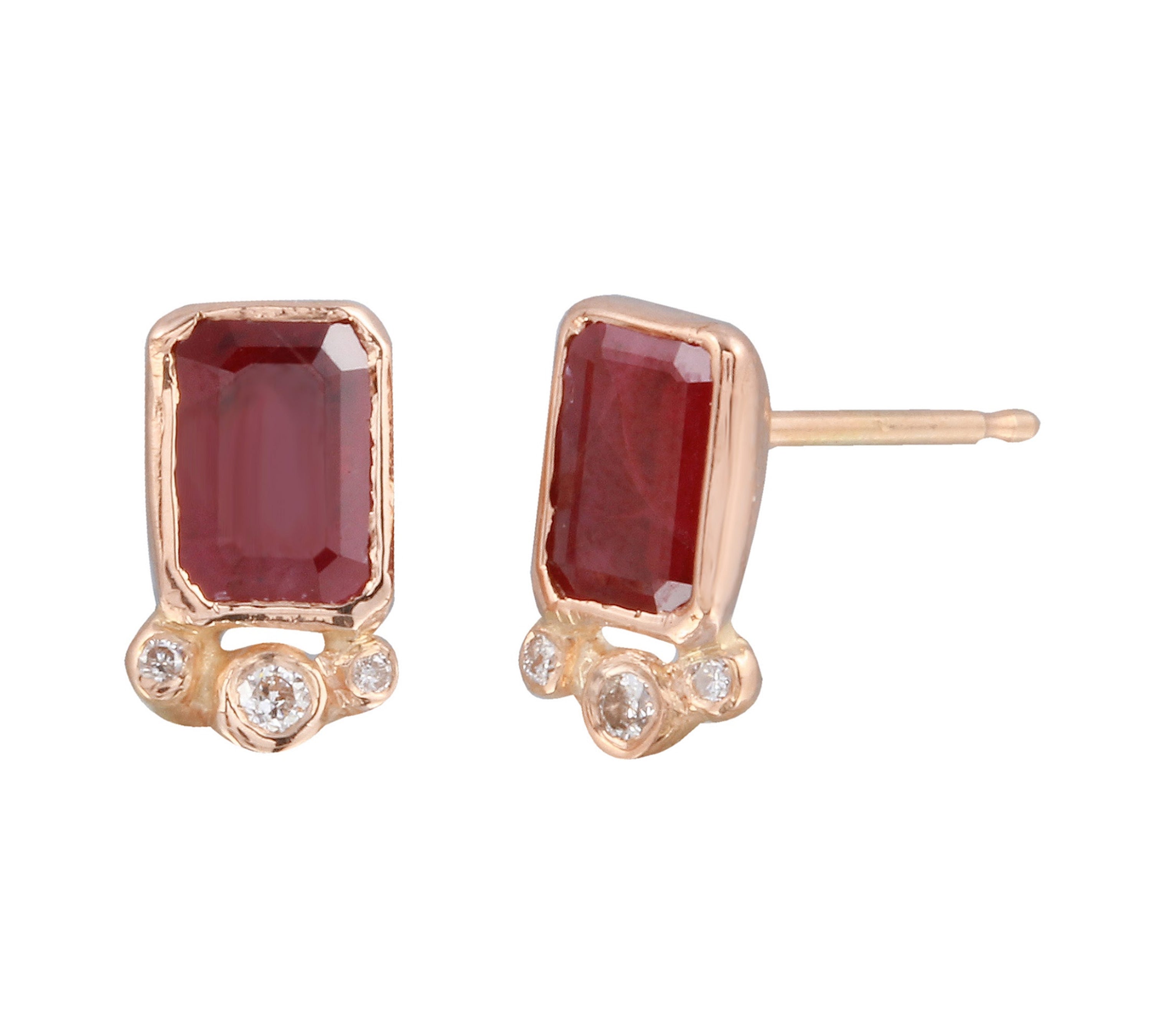 Rectangle Ruby Tri-Dot Diamond Stud Stud Earrings Jaine K Designs Pair