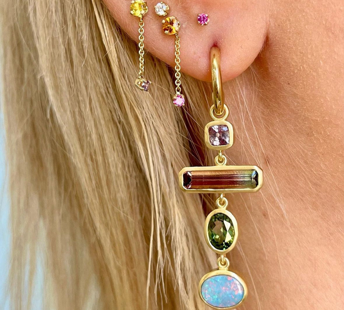 OOAK Tetris Tourmaline Sapphire Huggie Drop Earrings Mismatch Earrings Sarah Gardner Fine Jewelry