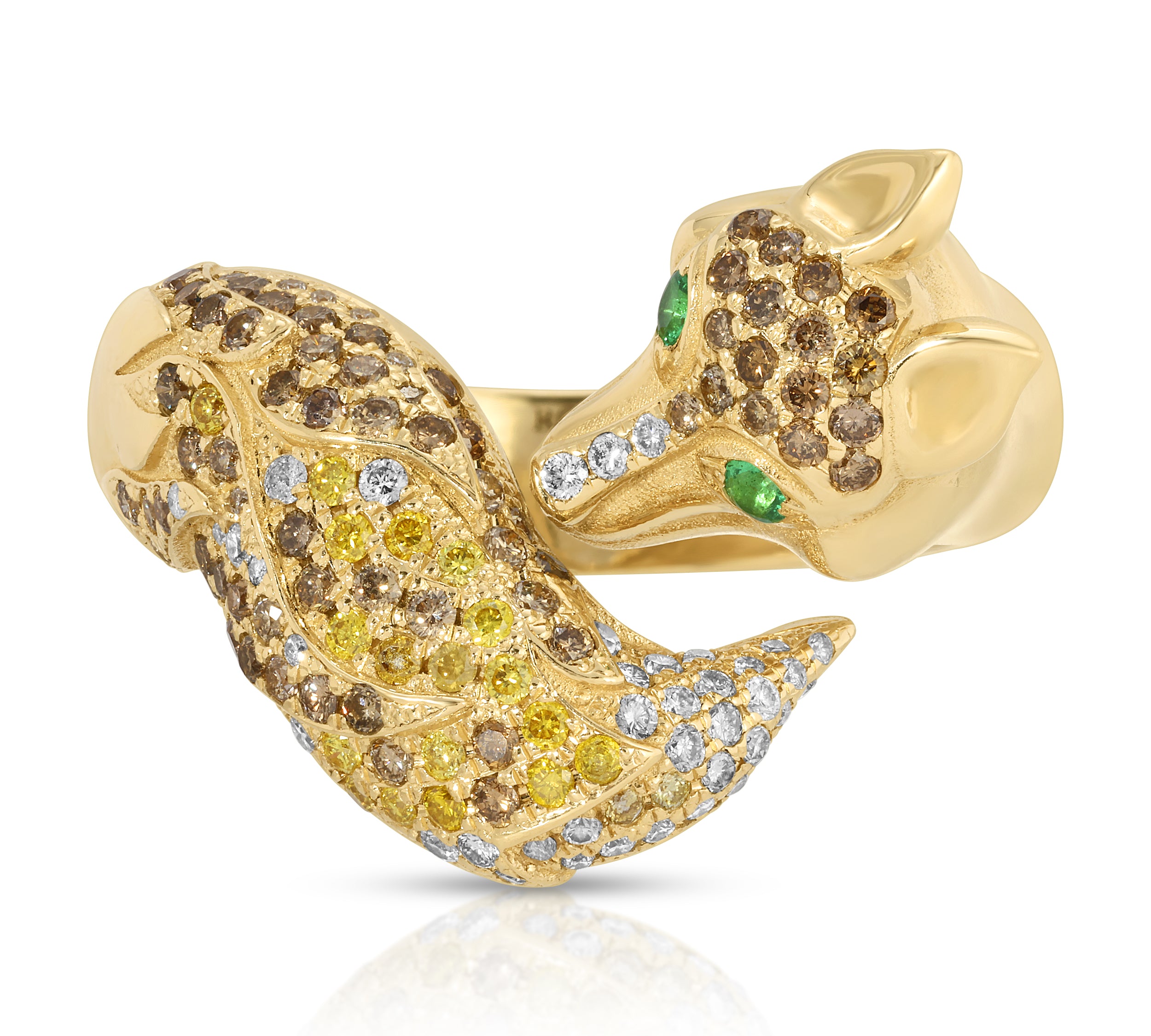 Diamond Fox Ring with Emerald Eyes Statement Ring Roseark