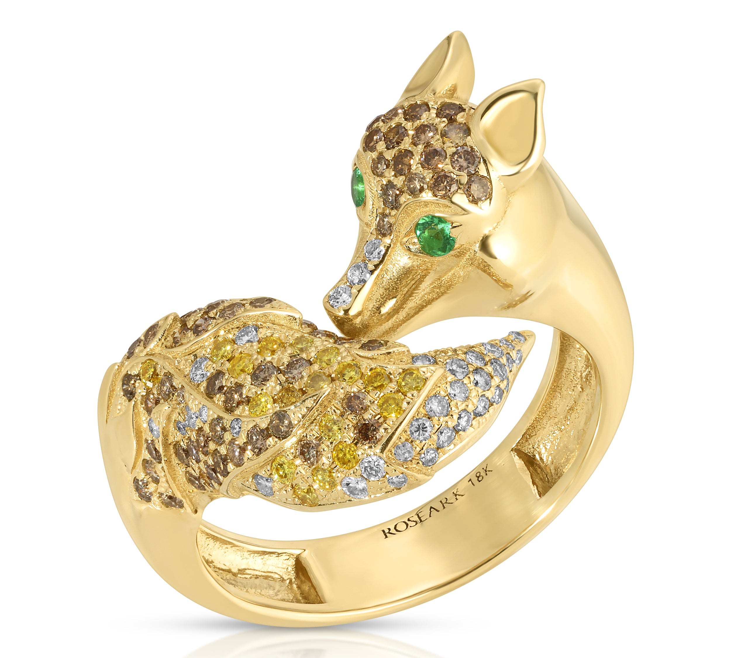 Diamond Fox Ring with Emerald Eyes Statement Ring Roseark