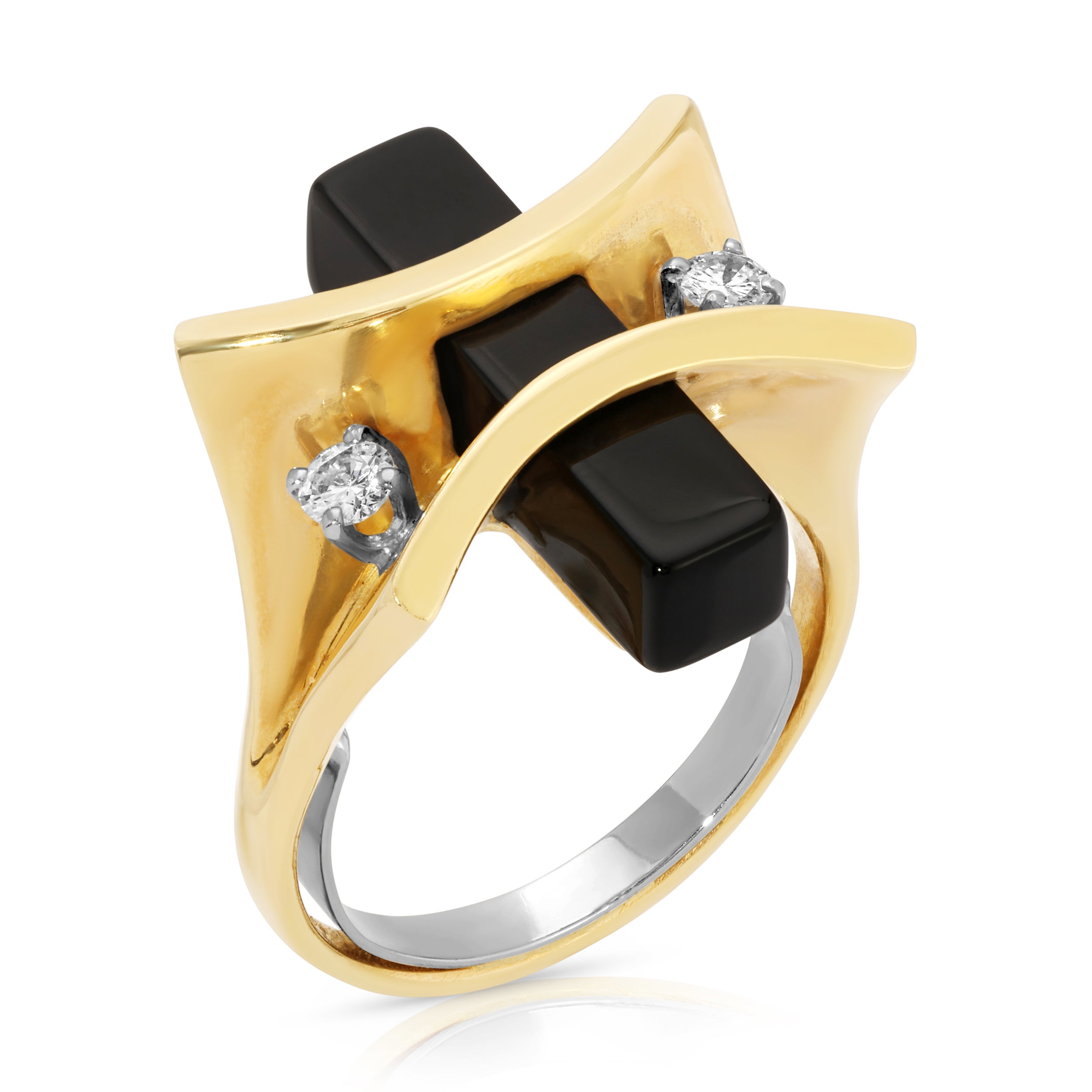 1970s Avante-Garde Onyx with Diamonds Cocktail Ring Roseark Vintage