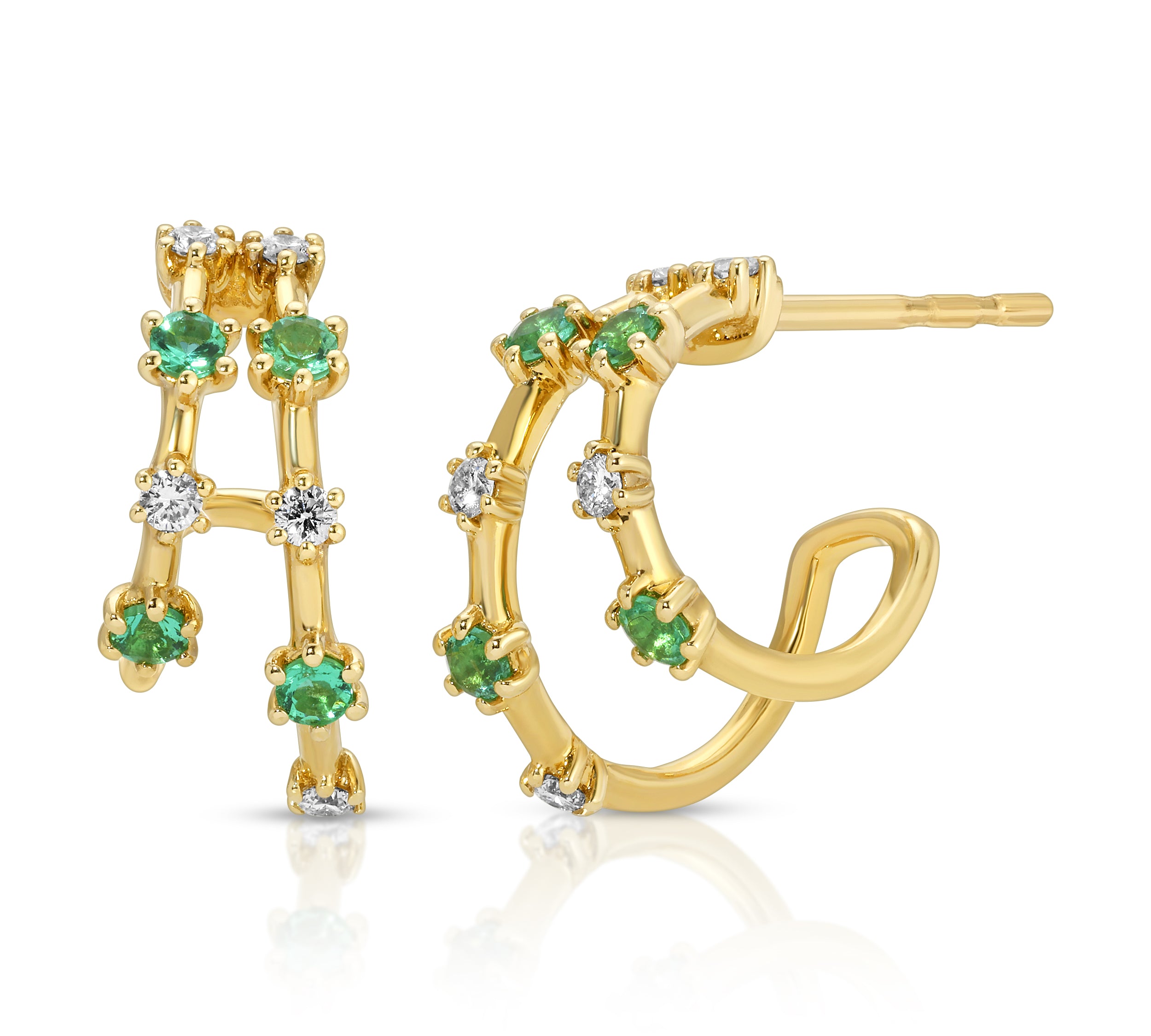 Stone Diamond Half-Huggie Hoop Huggie Earrings Roseark Deux Emerald+Diamond Pair