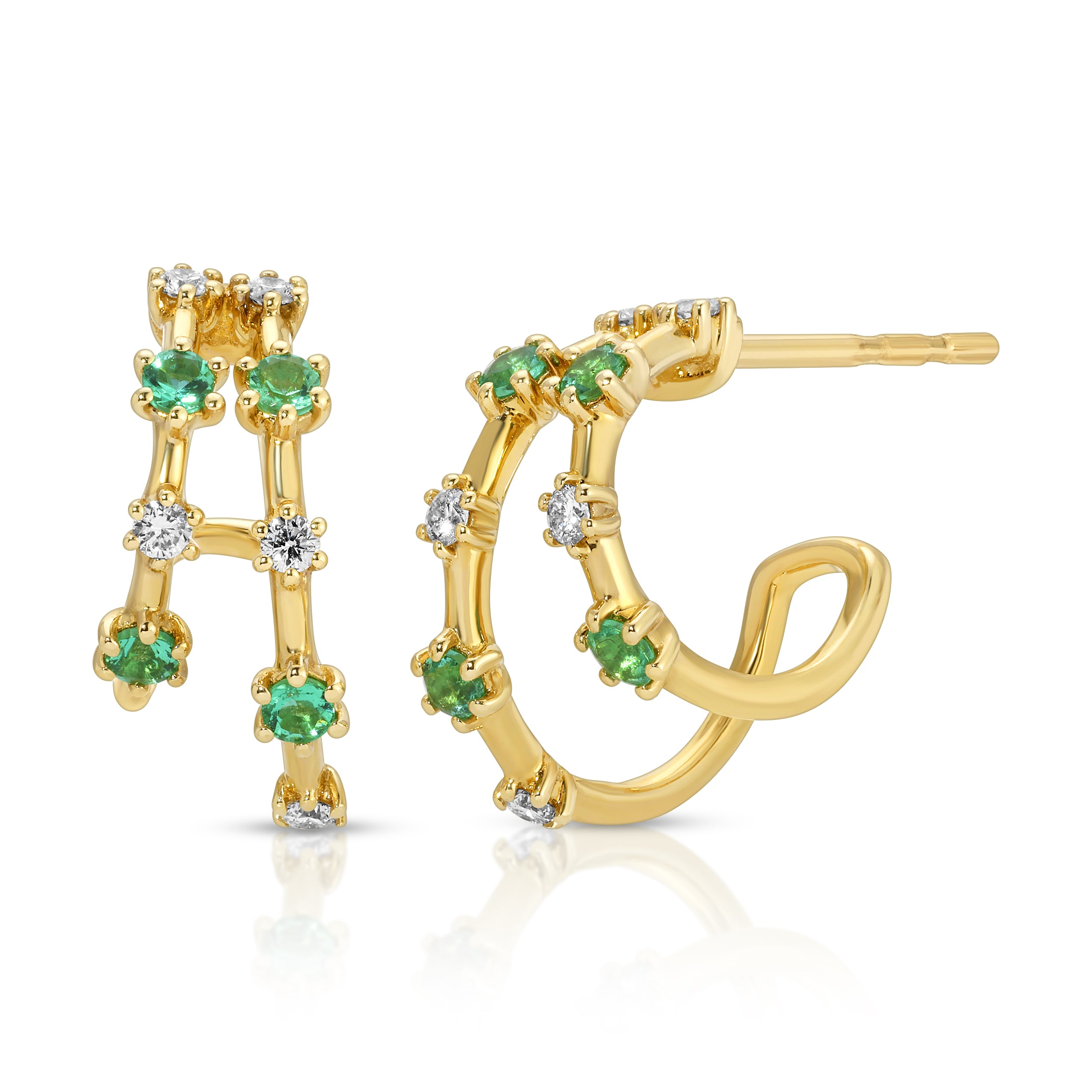 Stone Diamond Half-Huggie Hoop Huggie Earrings Roseark Deux Emerald+Diamond Pair