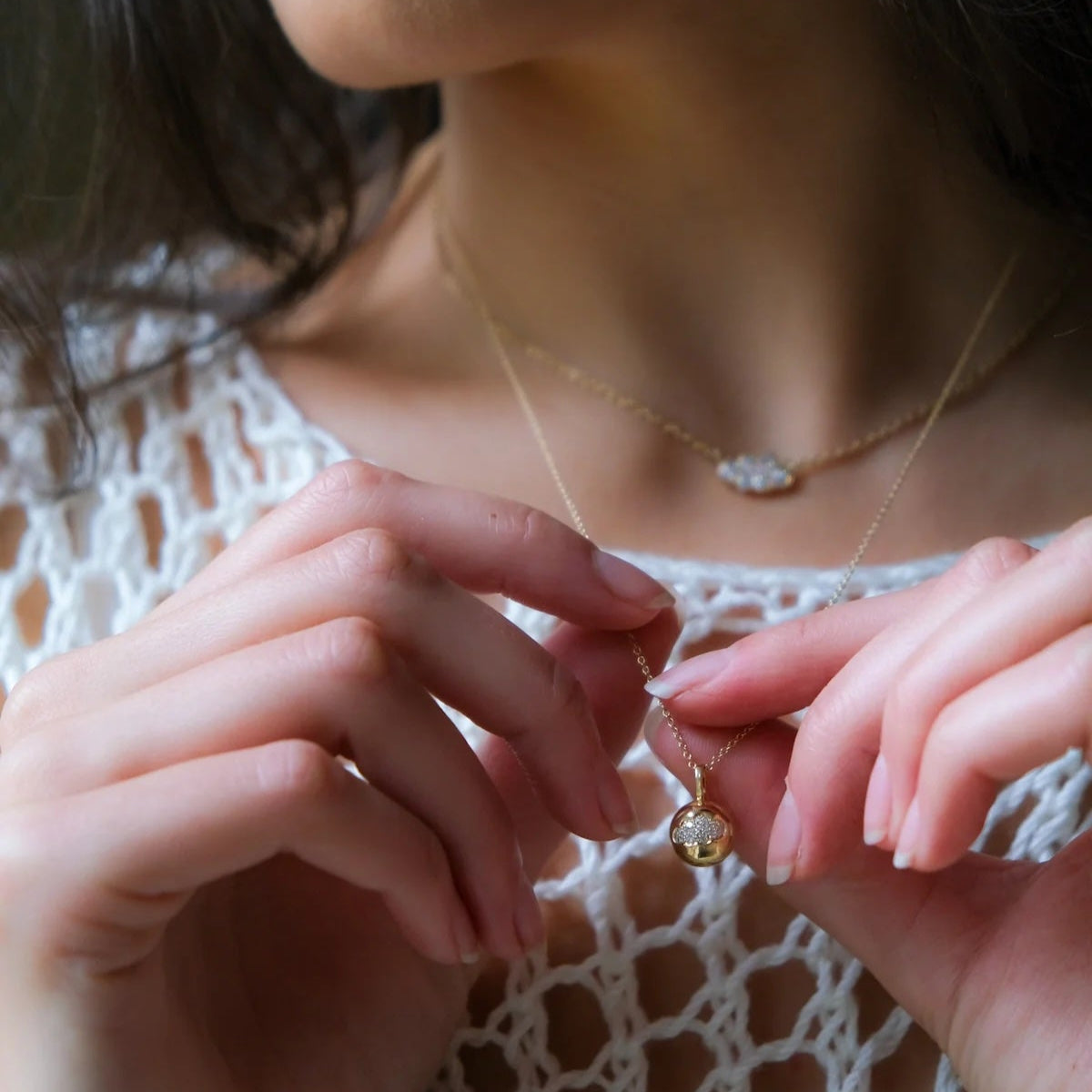 Pave Inlaid Cloud Diamond Sphere Necklace Charm Necklace The Finest Stack