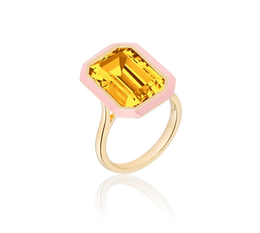 Emerald-Cut Enamel Ring Cocktail Ring Goshwara Citrine Pink Enamel