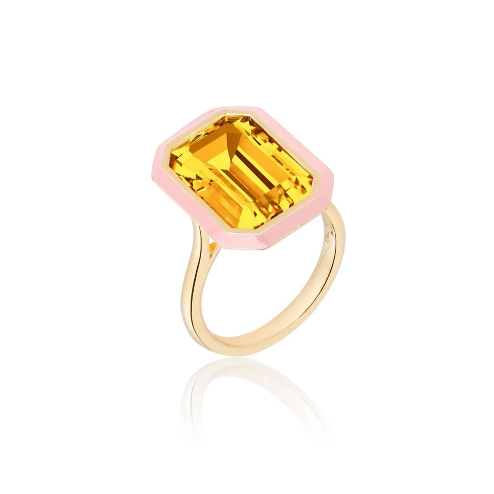 Emerald-Cut Enamel Ring Cocktail Ring Goshwara Citrine Pink Enamel