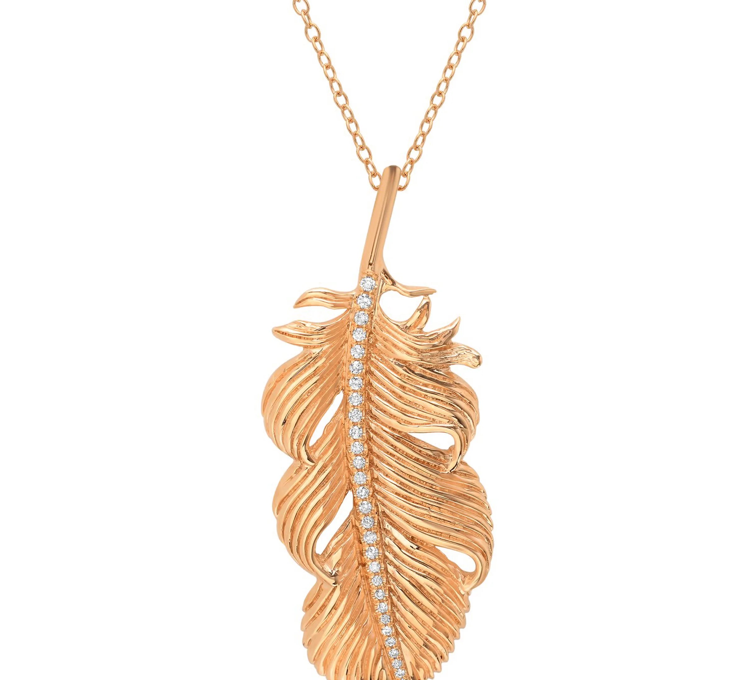 Large Feather Necklace with Diamonds Pendant Necklace Elisabeth Bell Jewelry Rose Gold