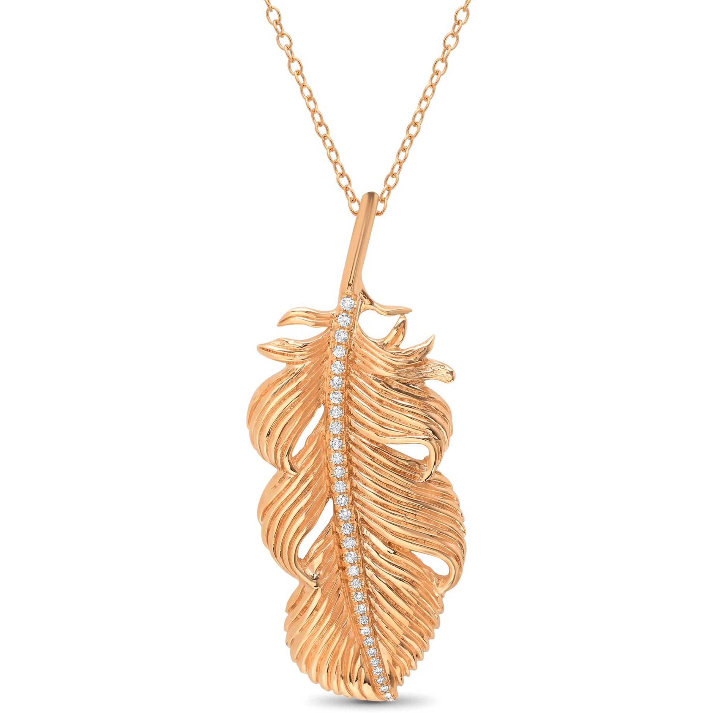Large Feather Necklace with Diamonds Pendant Necklace Elisabeth Bell Jewelry Rose Gold