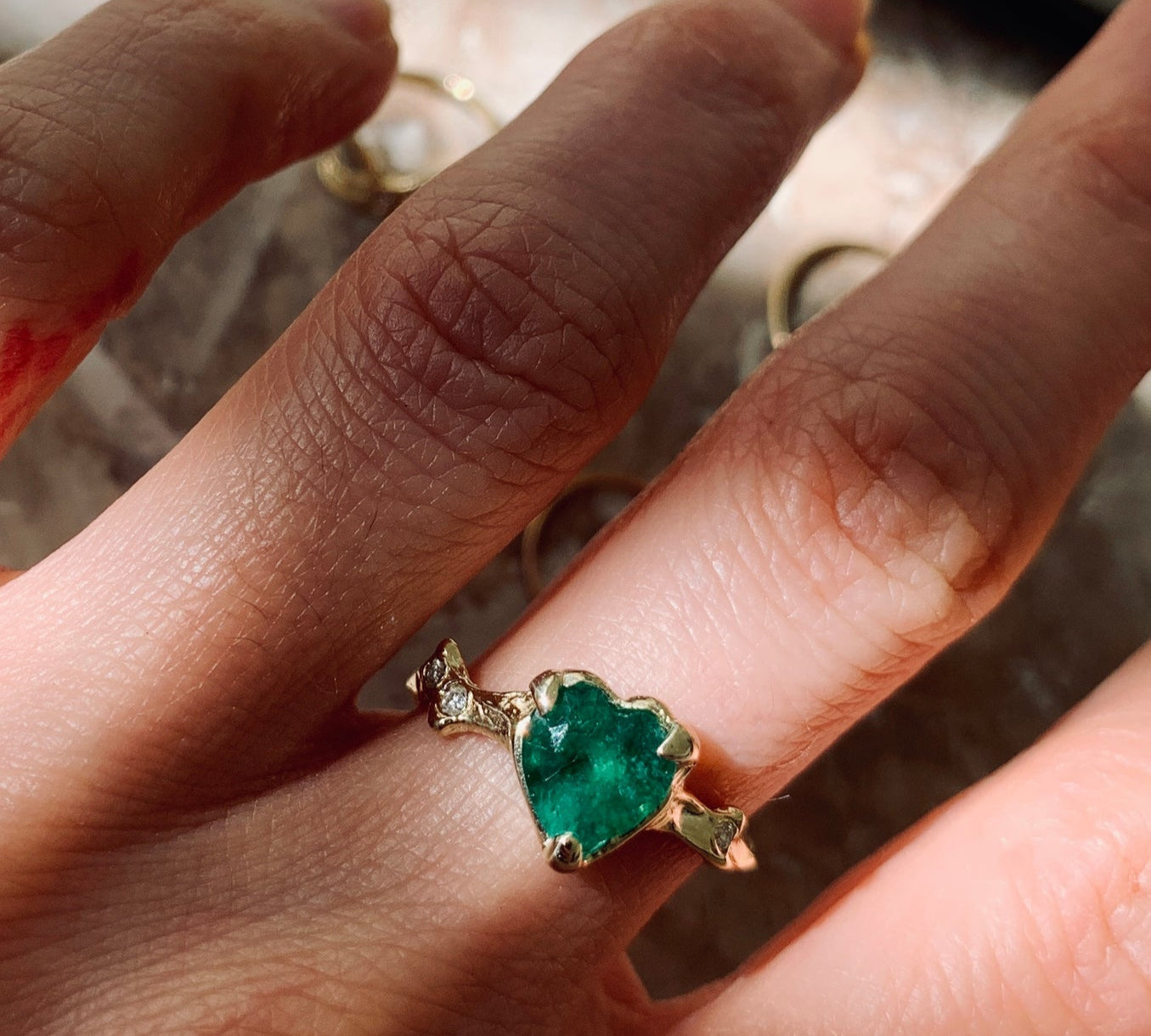 Emerald Heart with Twinkling Diamond Thorns Ring Ring Jaine K Designs