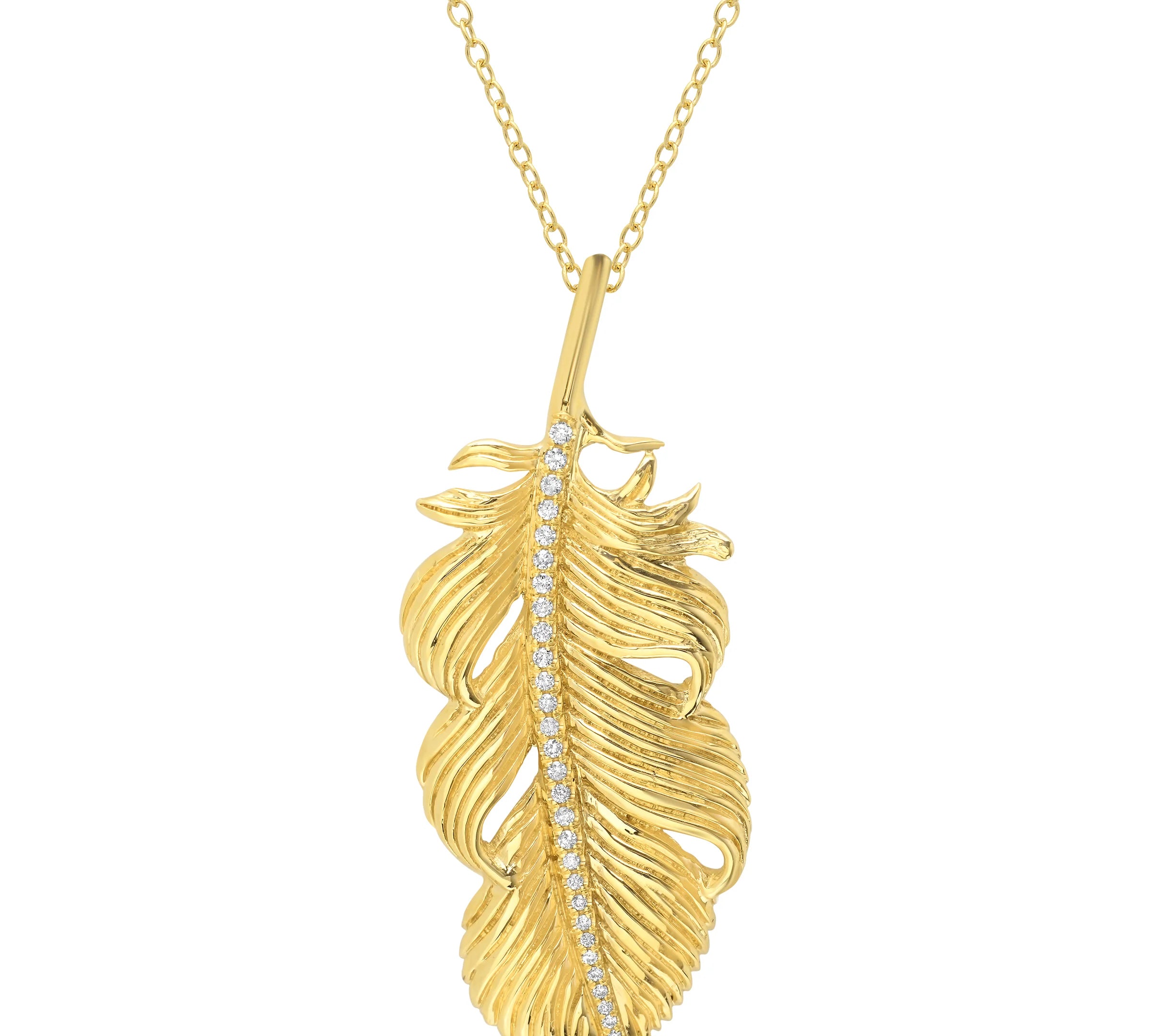 Large Feather Necklace with Diamonds Pendant Necklace Elisabeth Bell Jewelry Yellow Gold