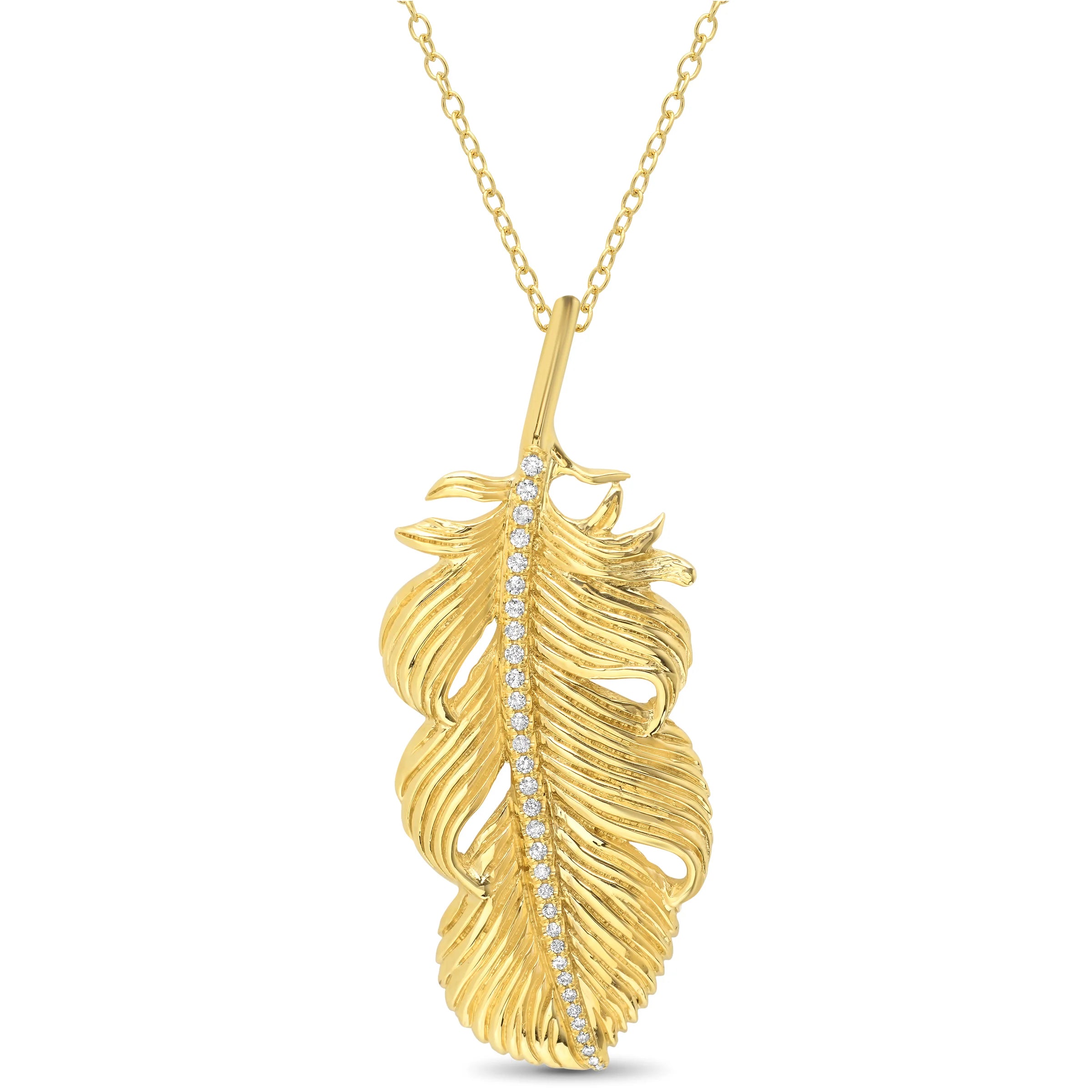 Large Feather Necklace with Diamonds Pendant Necklace Elisabeth Bell Jewelry Yellow Gold