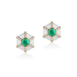 Hexagon Studs with Diamonds Stud Earrings Goshwara Emerald White Enamel