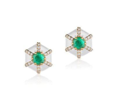 Hexagon Studs with Diamonds Stud Earrings Goshwara Emerald White Enamel