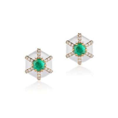 Hexagon Studs with Diamonds Stud Earrings Goshwara Emerald White Enamel