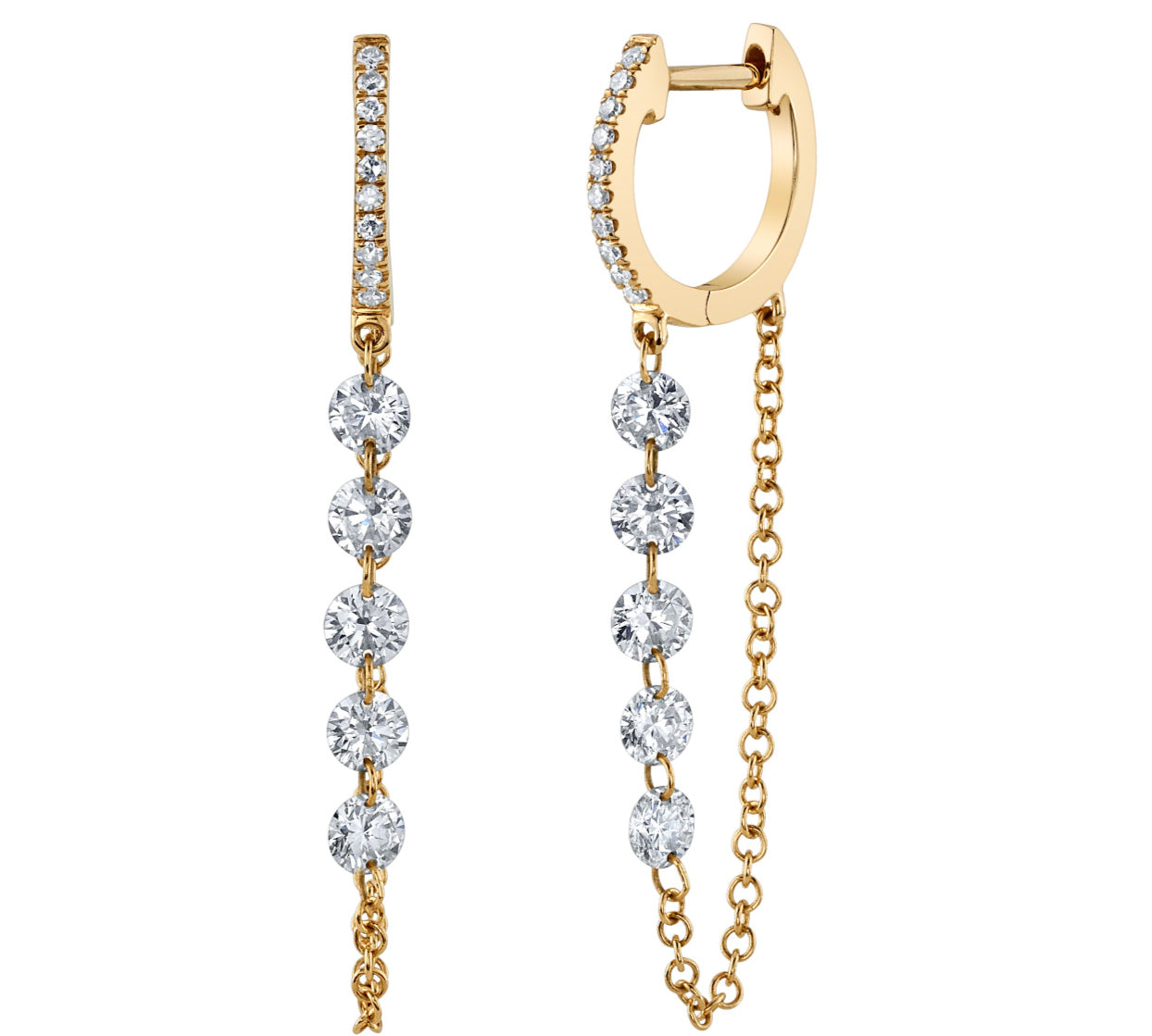 5-Diamond Chain Drop Huggie Huggie Earrings Roseark Deux Pair Yellow Gold