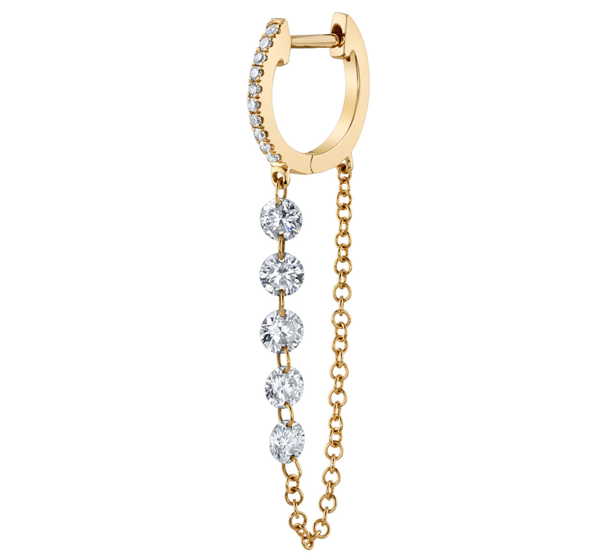 5-Diamond Chain Drop Huggie Huggie Earrings Roseark Deux Single Yellow Gold