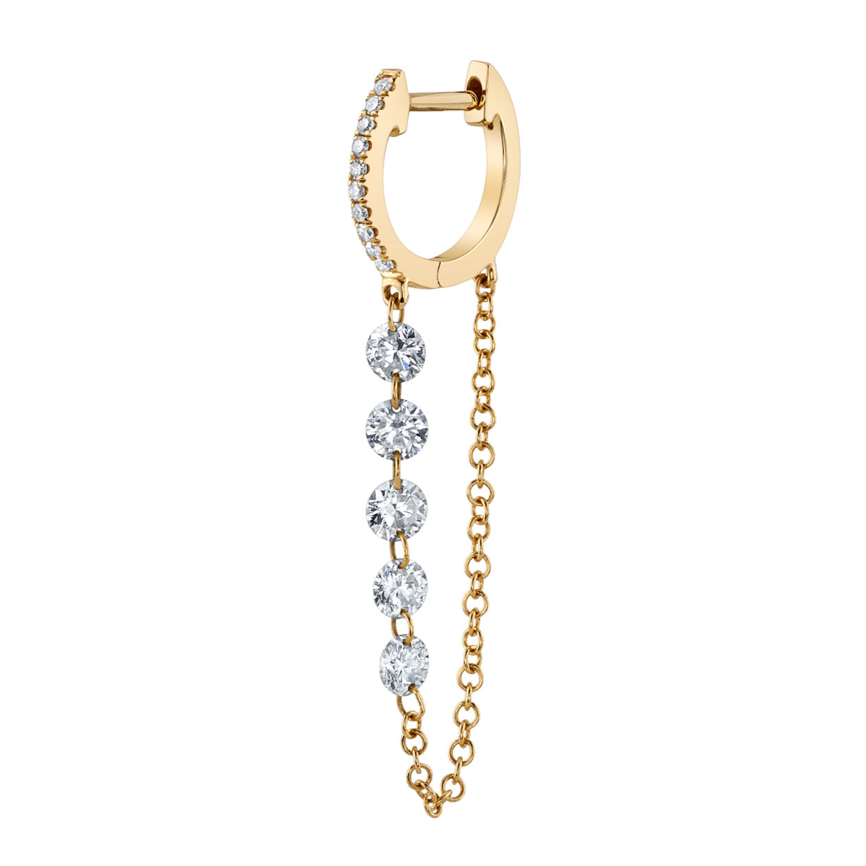5-Diamond Chain Drop Huggie Huggie Earrings Roseark Deux Single Yellow Gold