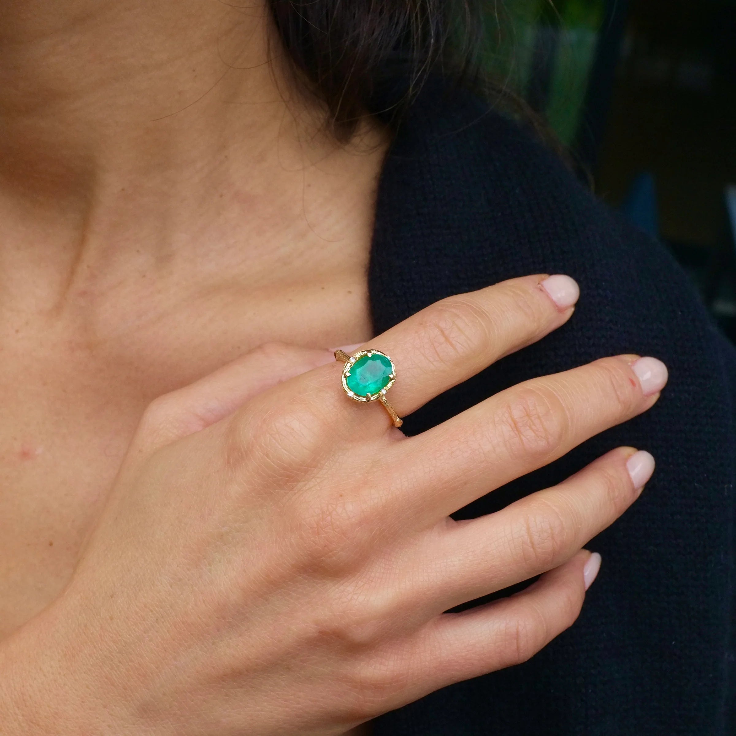 Oval Emerald Ring with Diamonds Cocktail Ring Elisabeth Bell Jewelry
