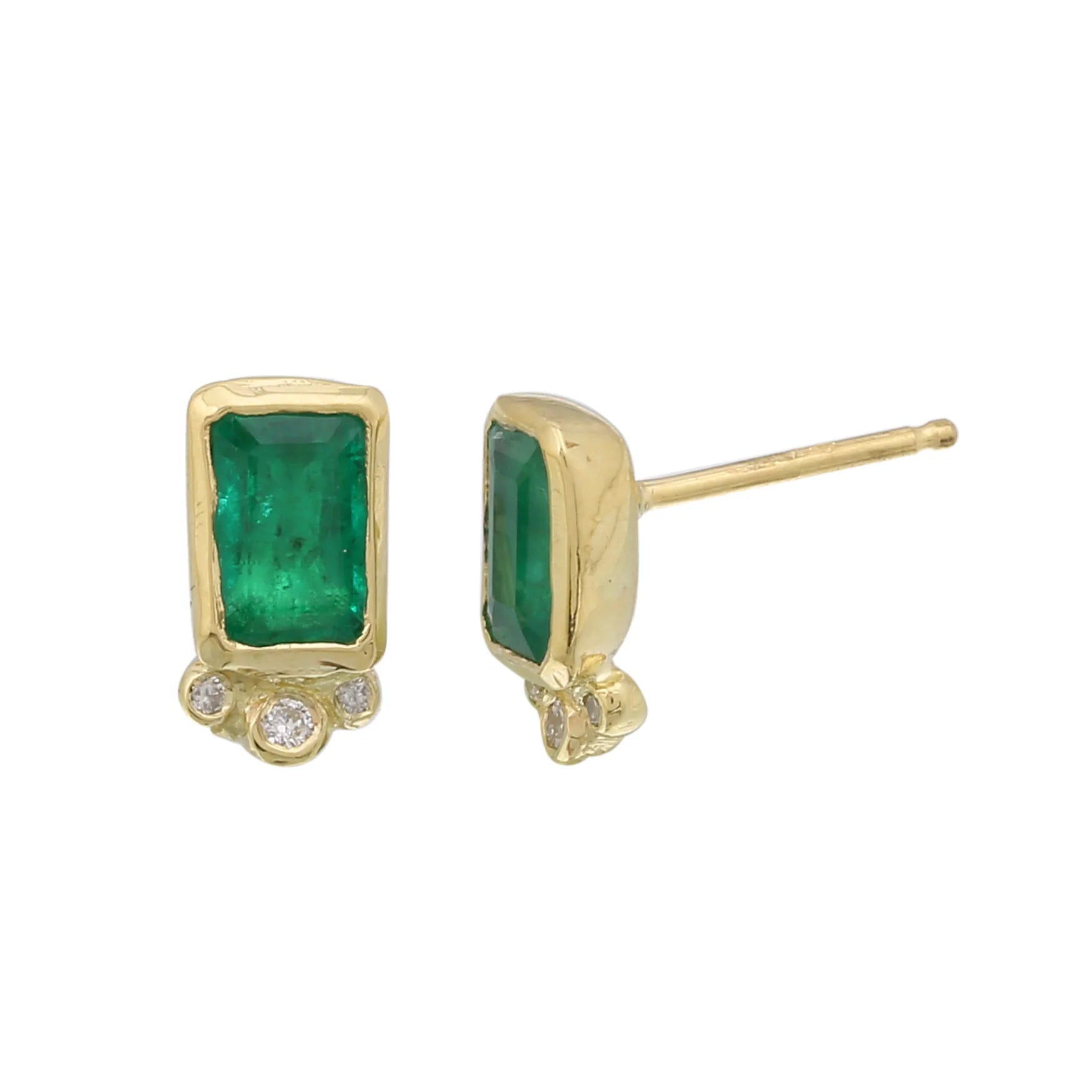 Rectangle Emerald w/ Triple Diamond Stud Earring Stud Earrings Jaine K Designs Pair