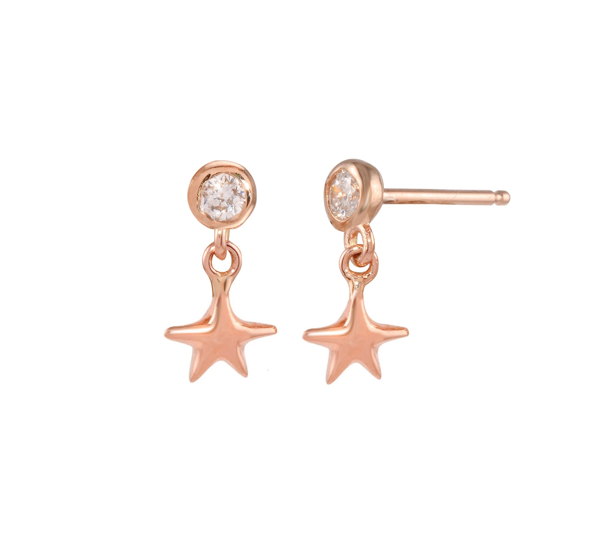 Diamond Bezel Star Dangle Earring Drop Earrings Jaine K Designs Rose Gold Without Diamond Bezel Pair