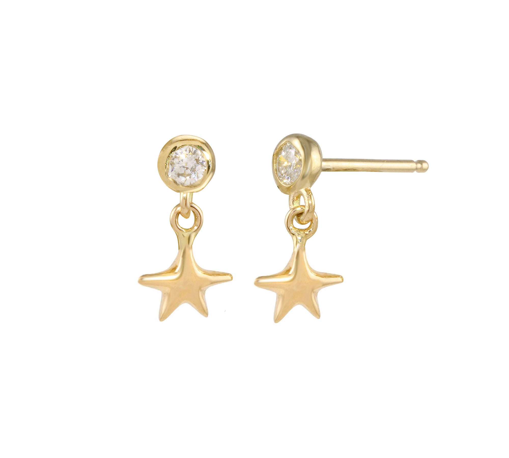 Diamond Bezel Star Dangle Earring Drop Earrings Jaine K Designs Yellow Gold Without Diamond Bezel Pair