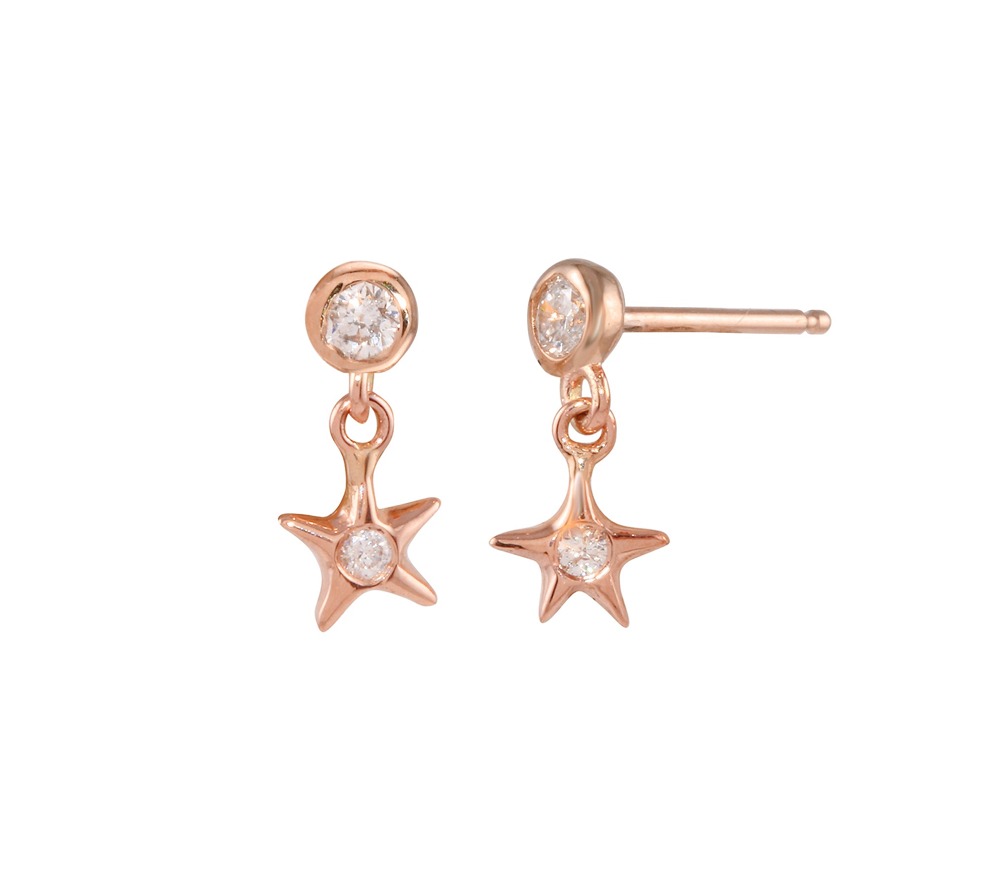 Diamond Bezel Star Dangle Earring Drop Earrings Jaine K Designs Rose Gold With Diamond Bezel Pair
