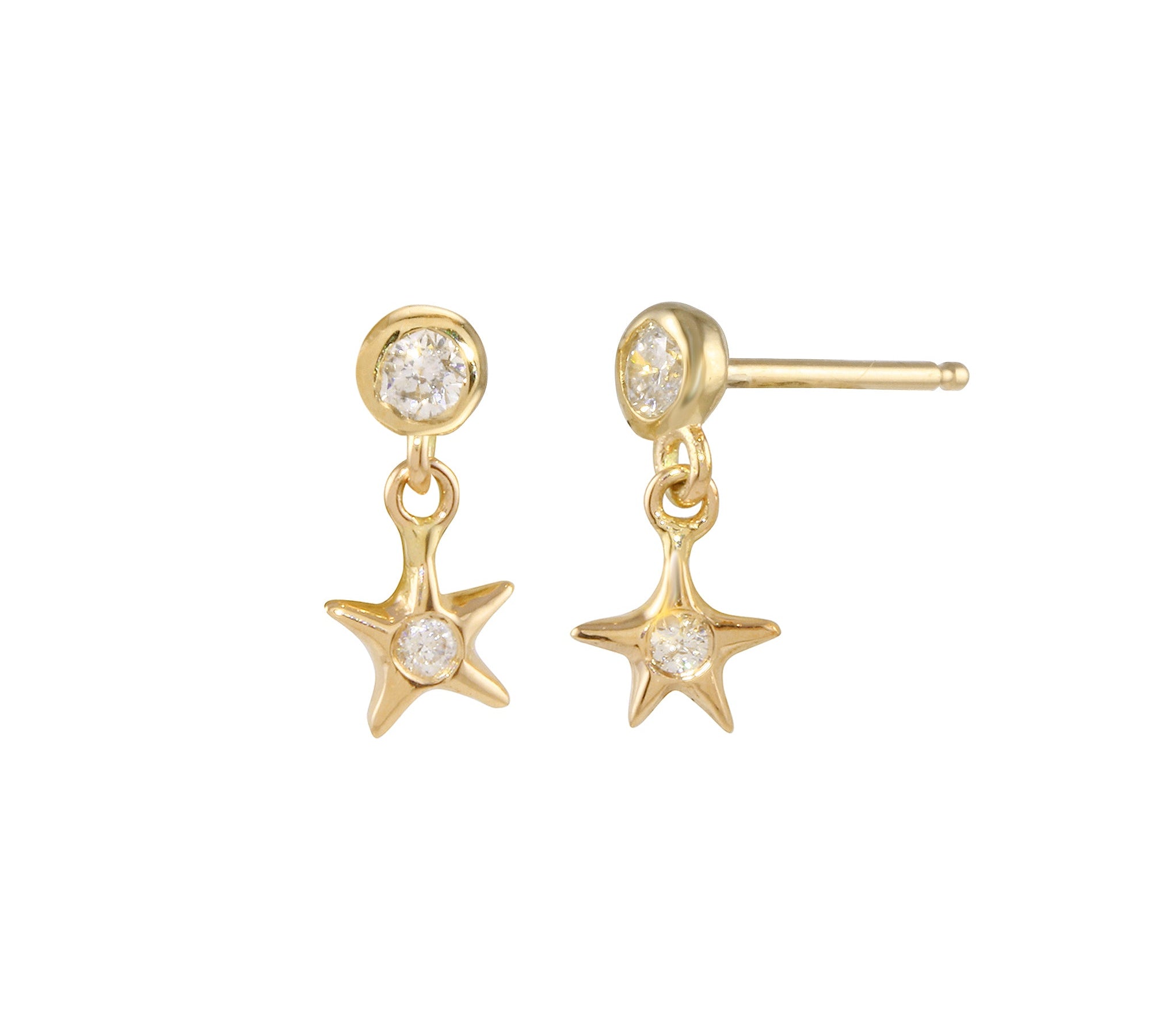 Diamond Bezel Star Dangle Earring Drop Earrings Jaine K Designs Yellow Gold With Diamond Bezel Pair
