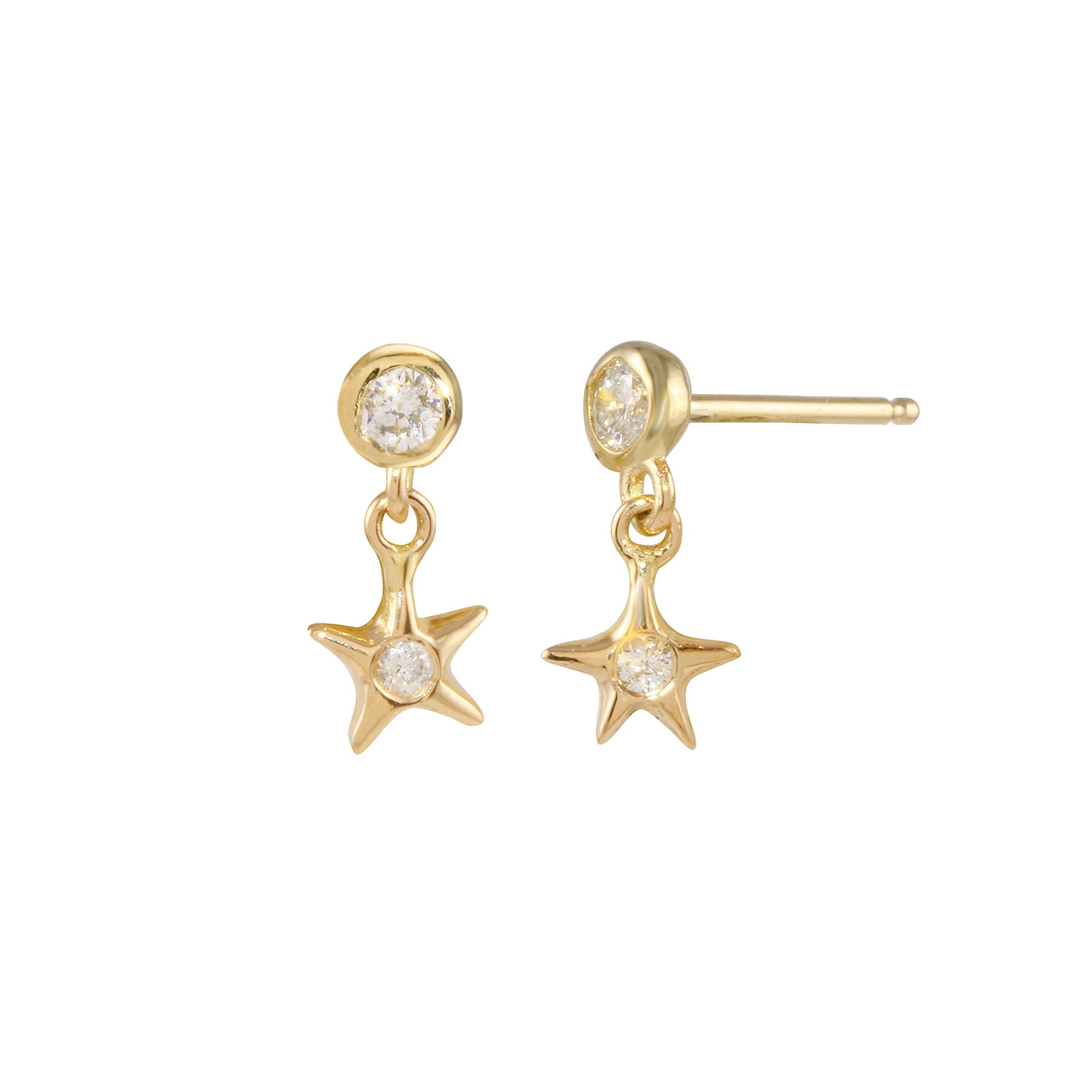 Diamond Bezel Star Dangle Earring Drop Earrings Jaine K Designs Yellow Gold With Diamond Bezel Pair