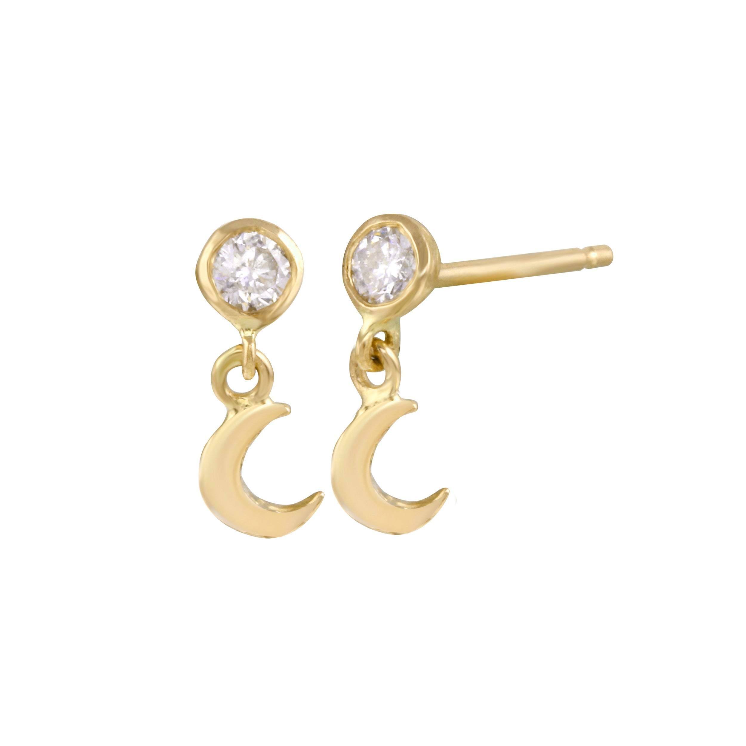 Diamond Bezel with Crescent Moon Stud Earring Drop Earrings Jaine K Designs Pair Yellow Gold