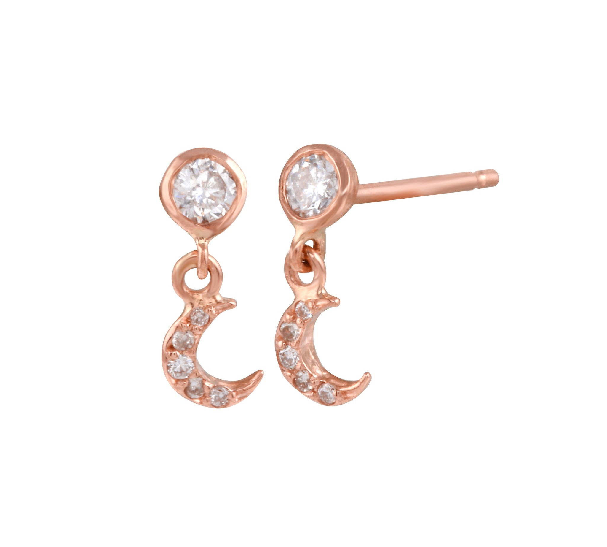 Twinkling Pave Crescent Moon Dangle Earring Drop Earrings Jaine K Designs Pair Rose Gold