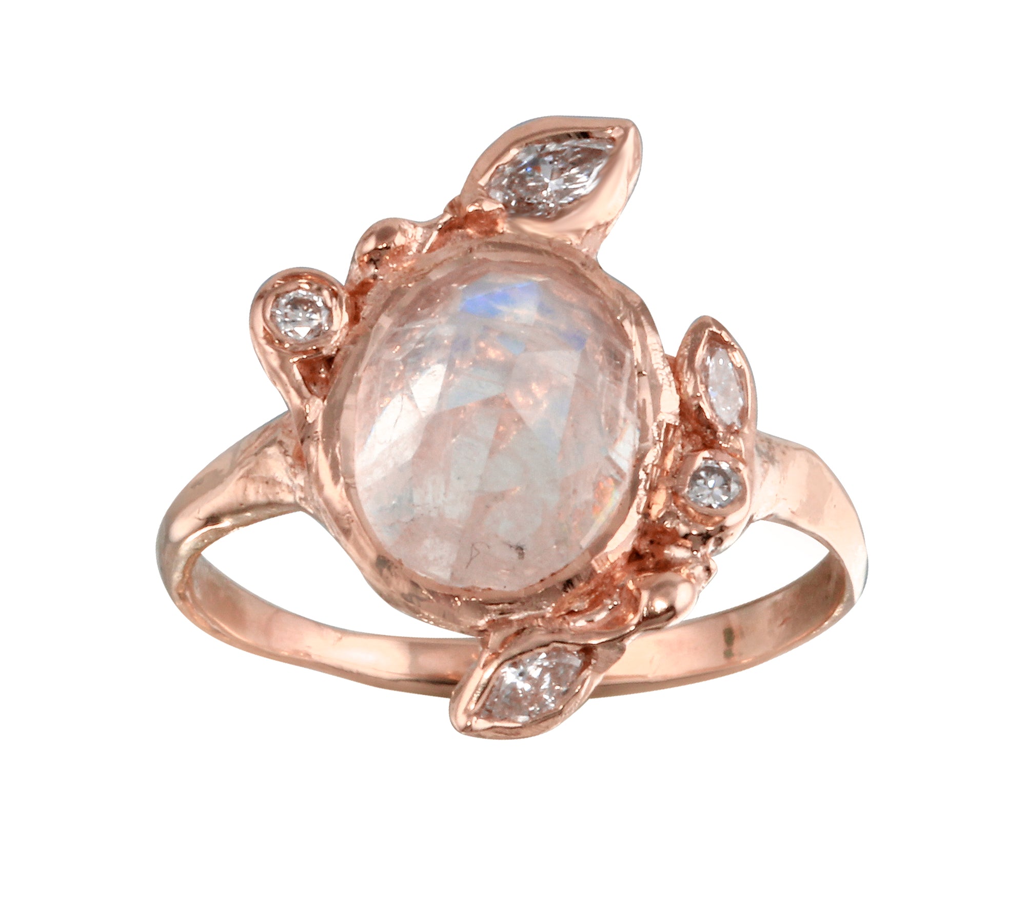 Moonstone with Diamond Leaf Ring Cocktail Ring Jaine K Designs Rose Gold